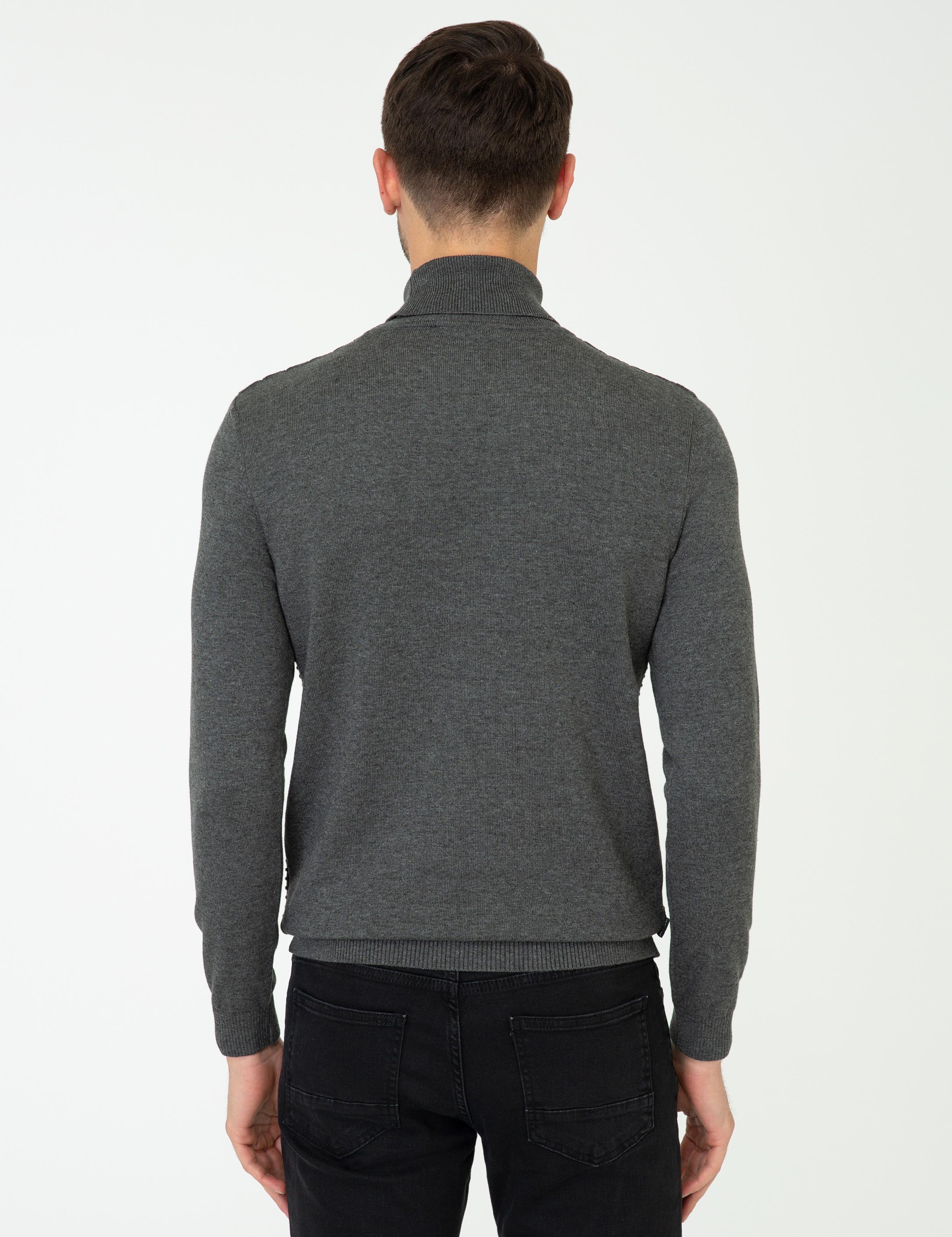 Gri Melanj Slim Fit Balıkçı Yaka Triko Kazak