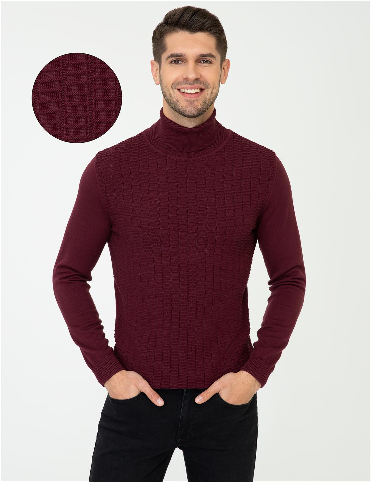 Bordo Slim Fit Balıkçı Yaka Triko Kazak