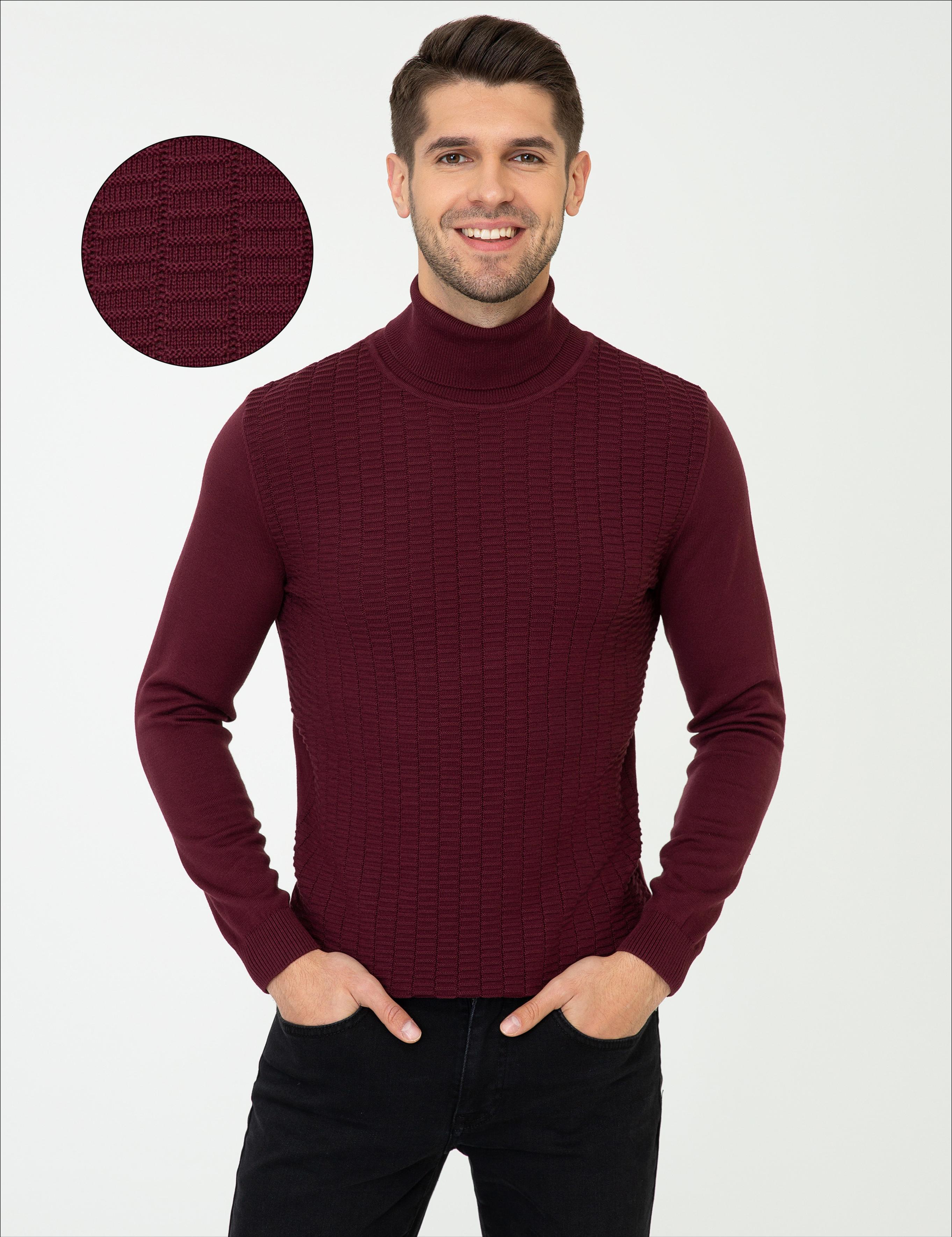Bordo Slim Fit Balıkçı Yaka Triko Kazak