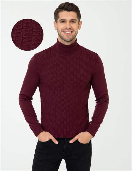 Bordo Slim Fit Balıkçı Yaka Triko Kazak - 50248530039