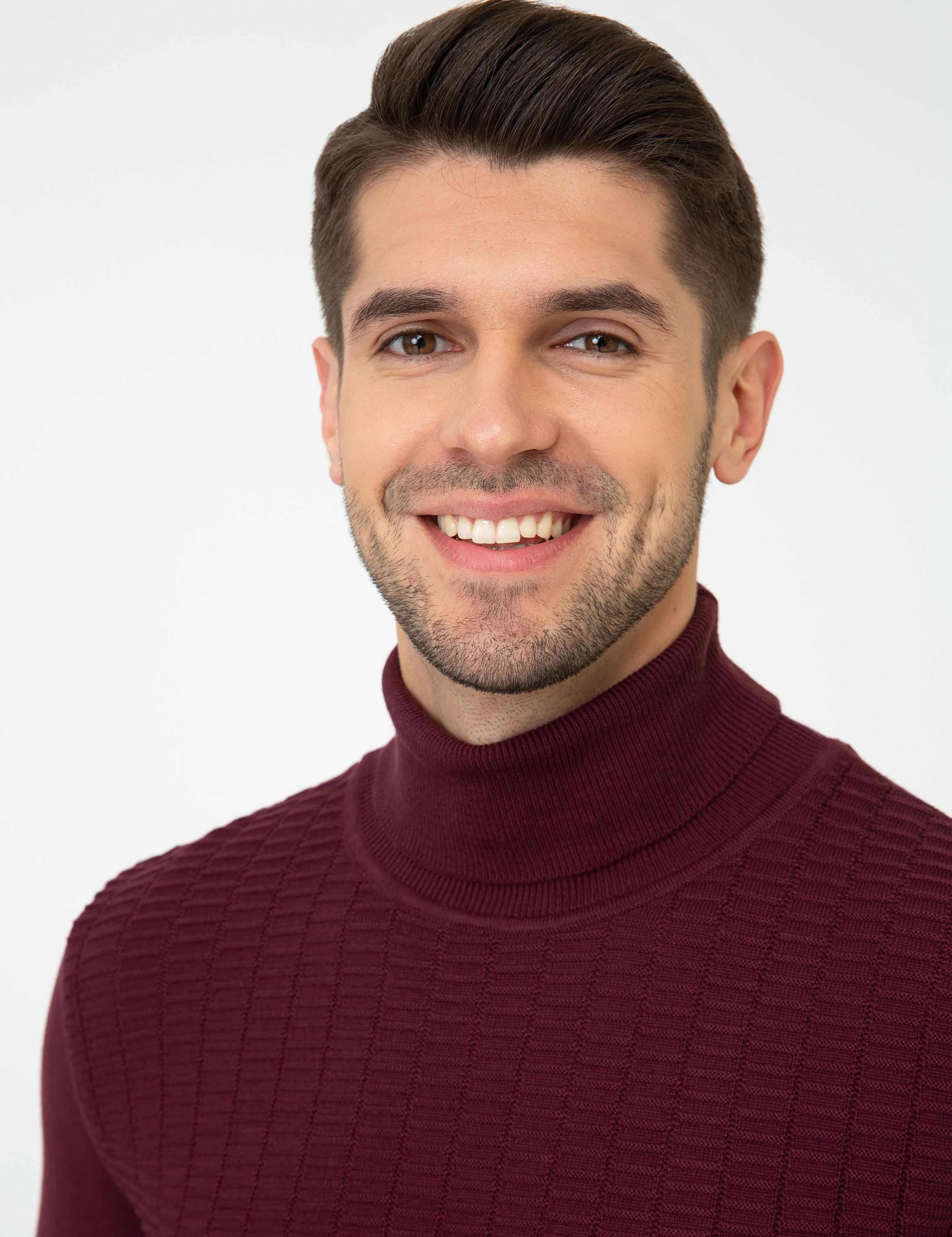 Bordo Slim Fit Balıkçı Yaka Triko Kazak