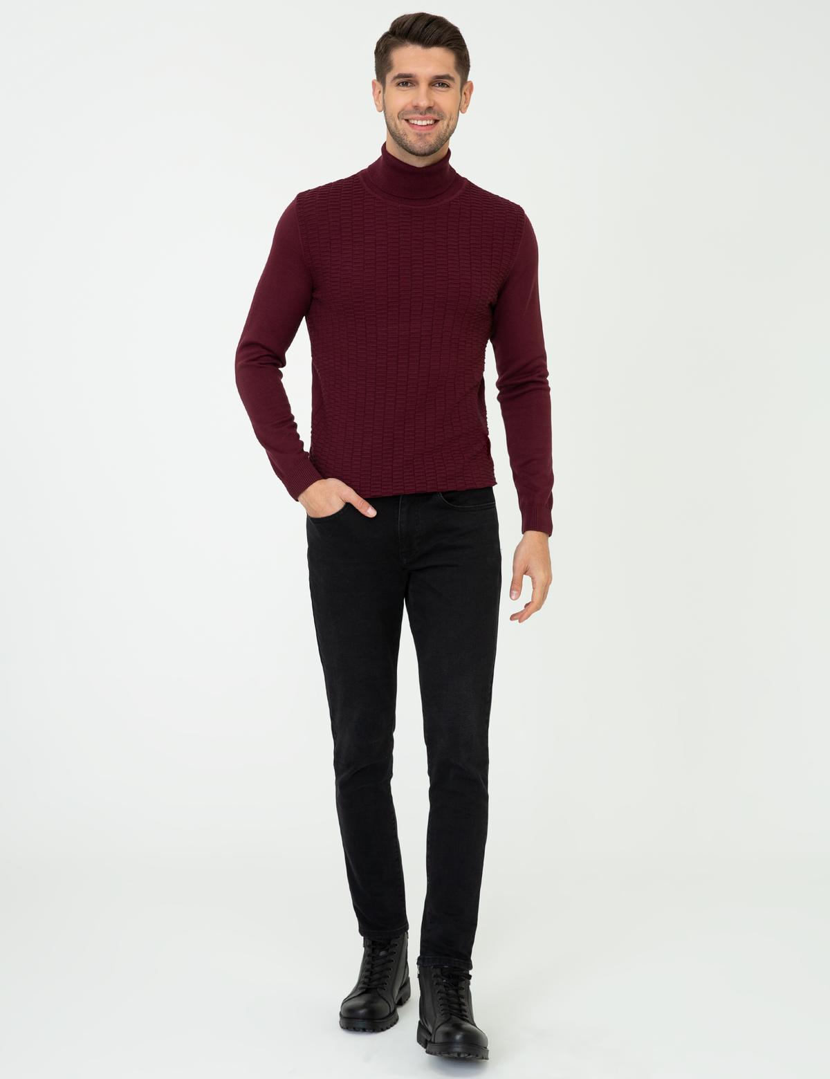 Bordo Slim Fit Balıkçı Yaka Triko Kazak - 50248530039