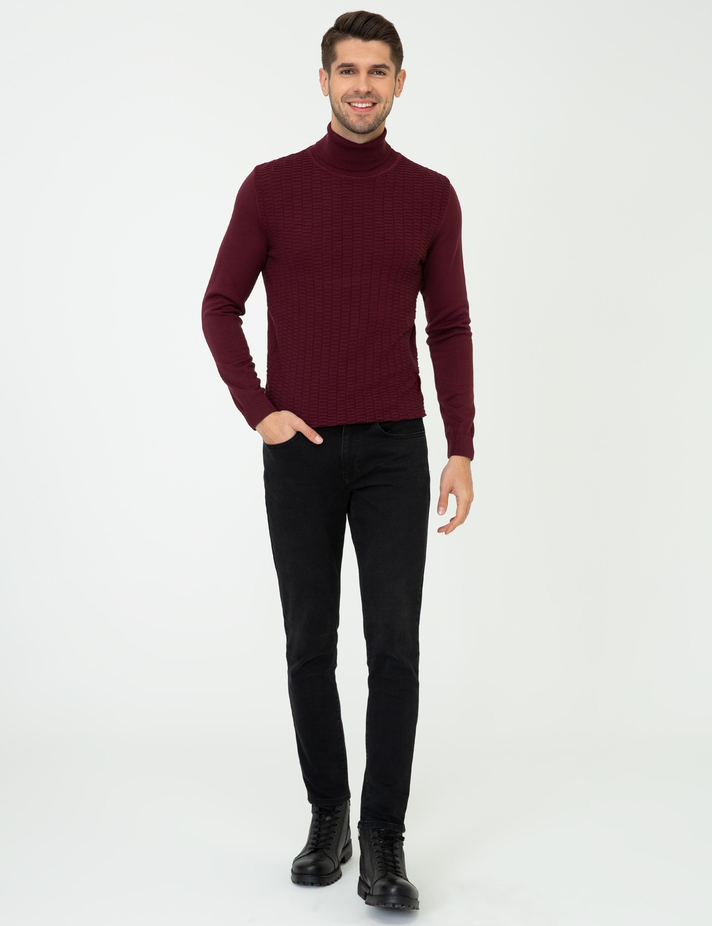 Bordo Slim Fit Balıkçı Yaka Triko Kazak