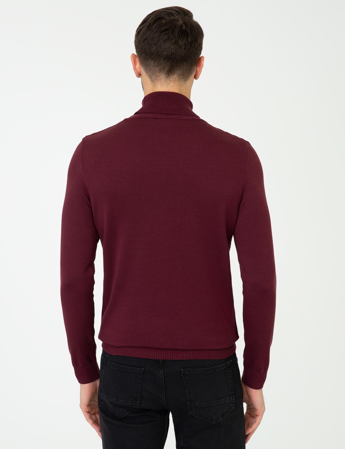 Bordo Slim Fit Balıkçı Yaka Triko Kazak - 50248530039