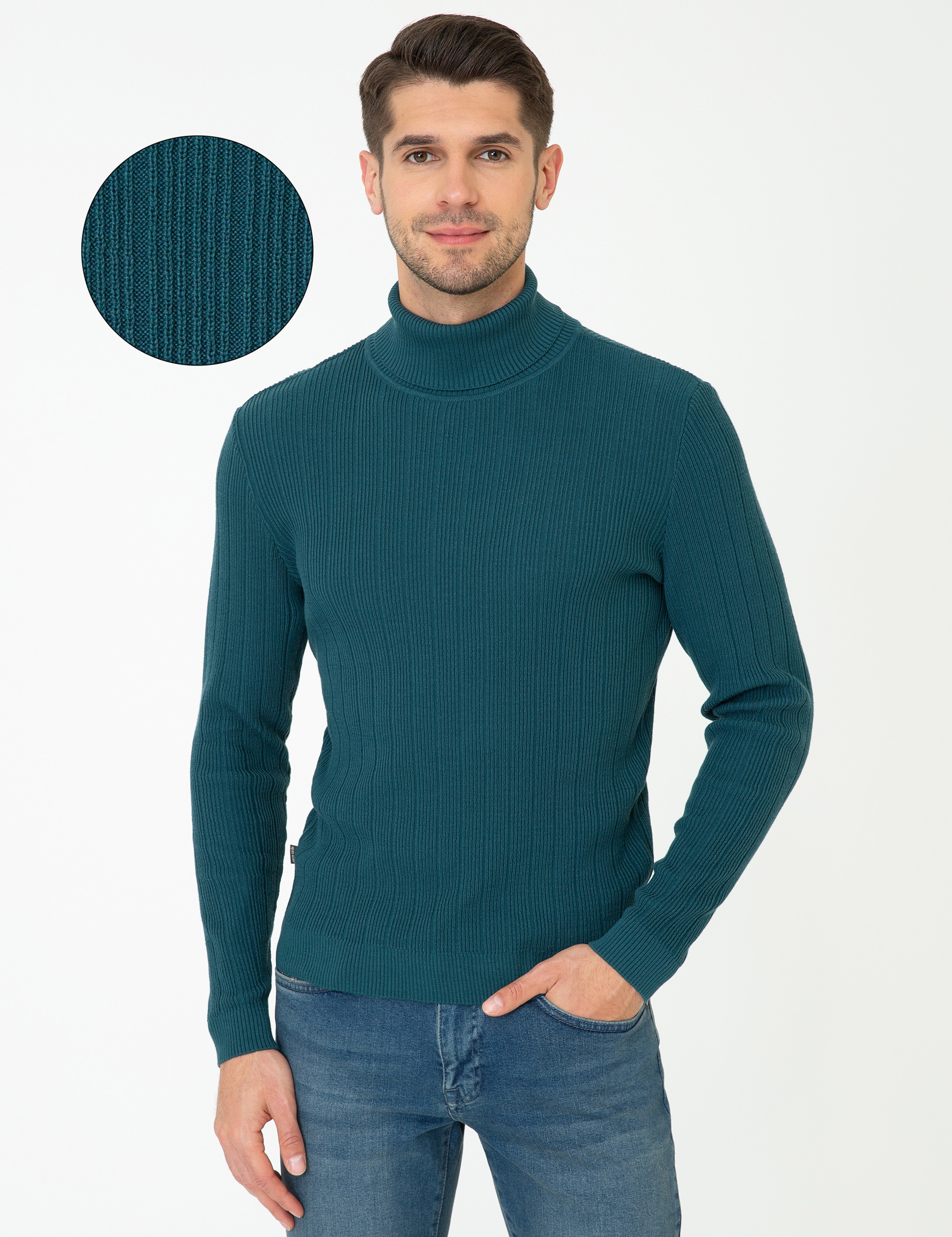 Mavi Slim Fit Balıkçı Yaka Triko Kazak - Image 1