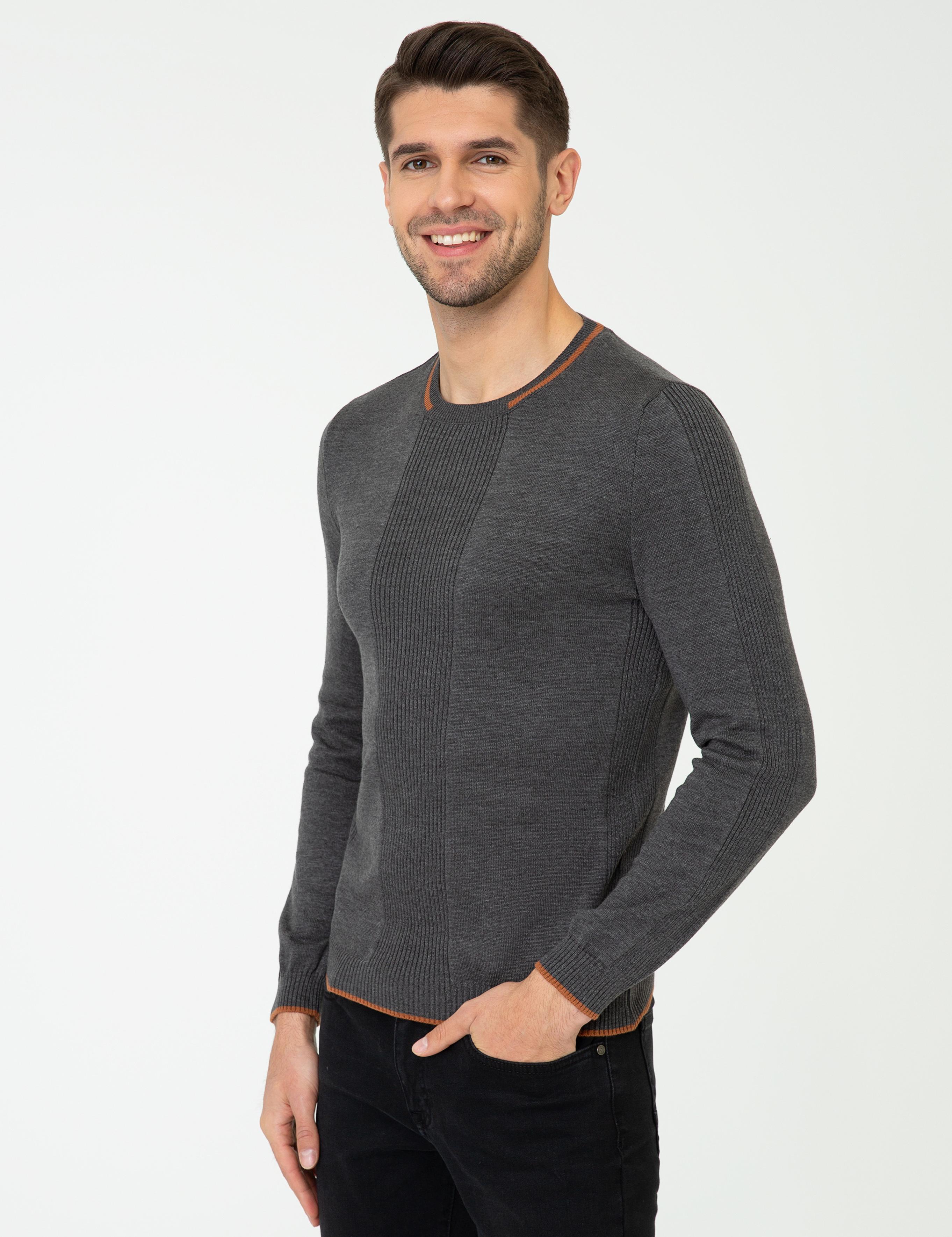 Gri Melanj Slim Fit Bisiklet Yaka Triko Kazak