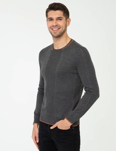 Gri Melanj Slim Fit Bisiklet Yaka Triko Kazak