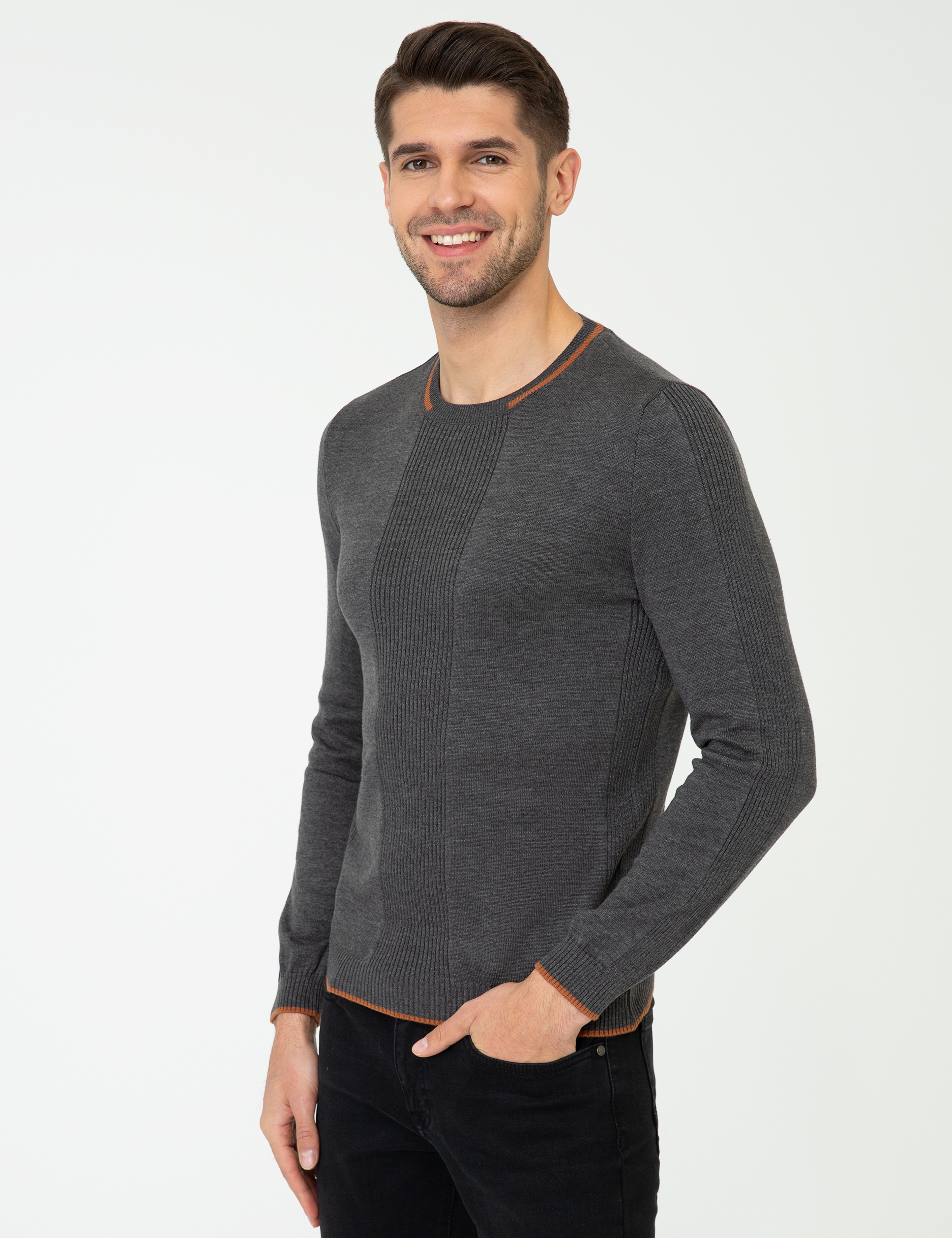 Gri Melanj Slim Fit Bisiklet Yaka Triko Kazak - Image 3