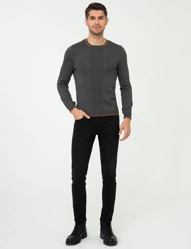 Gri Melanj Slim Fit Bisiklet Yaka Triko Kazak