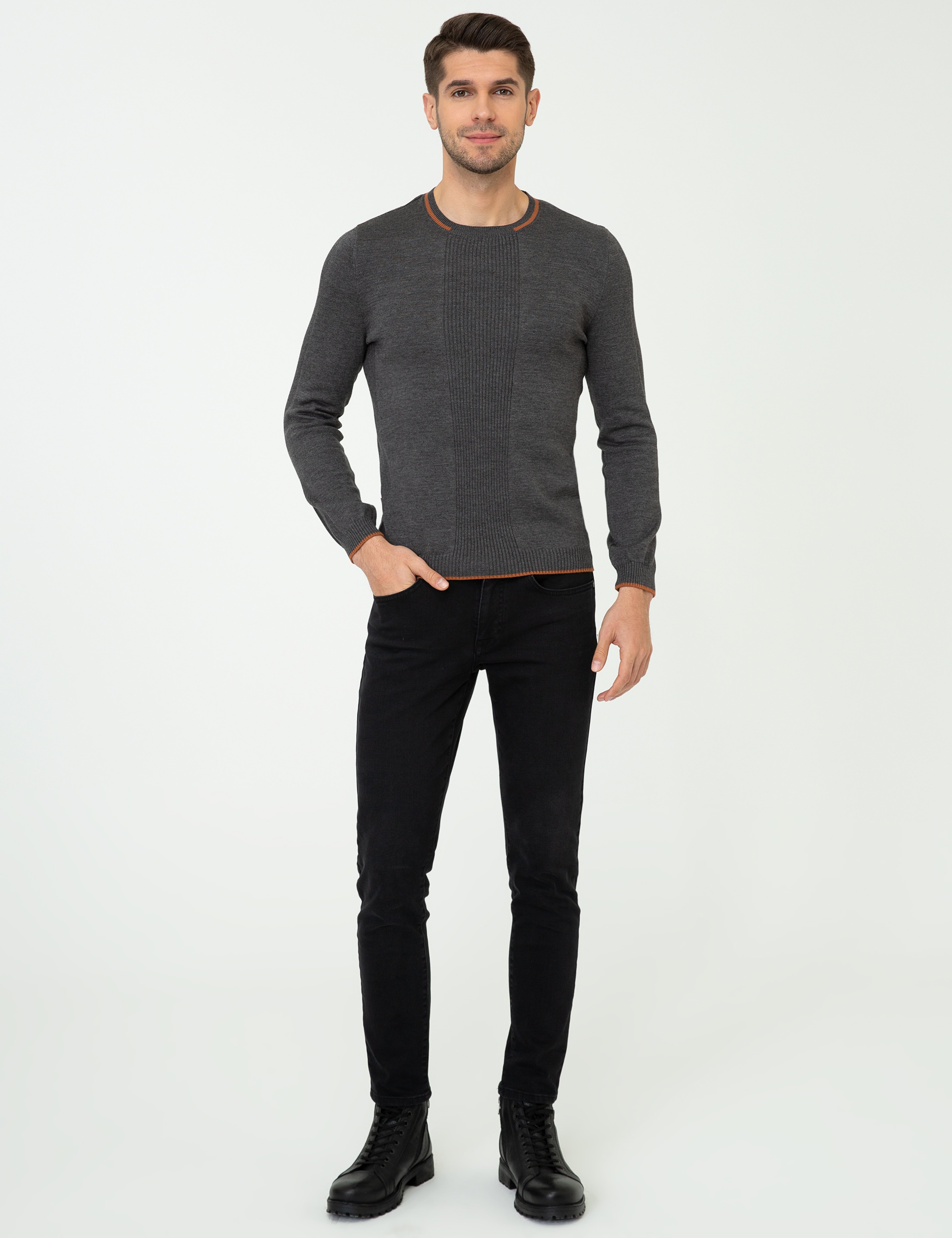 Gri Melanj Slim Fit Bisiklet Yaka Triko Kazak - Image 5