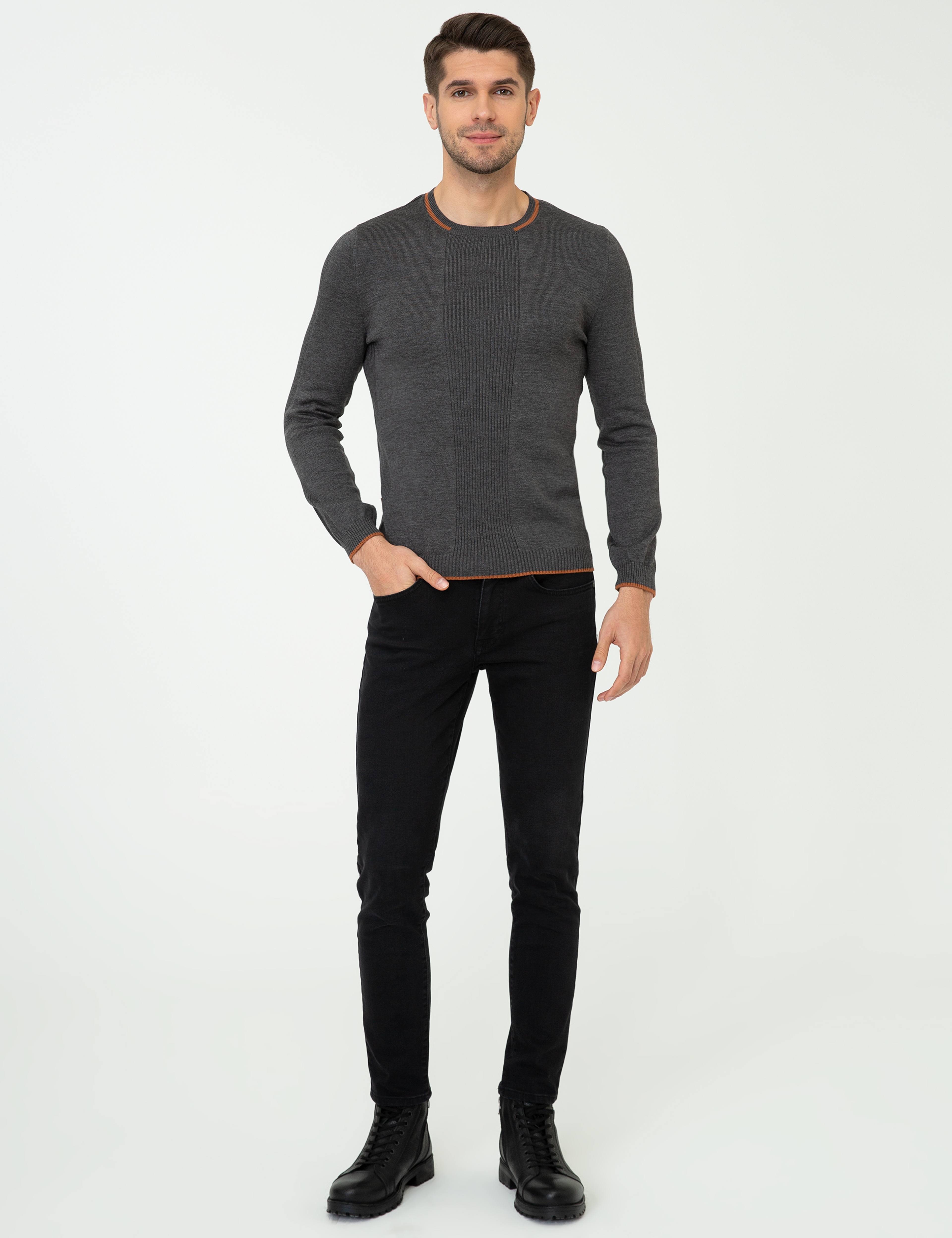 Gri Melanj Slim Fit Bisiklet Yaka Triko Kazak