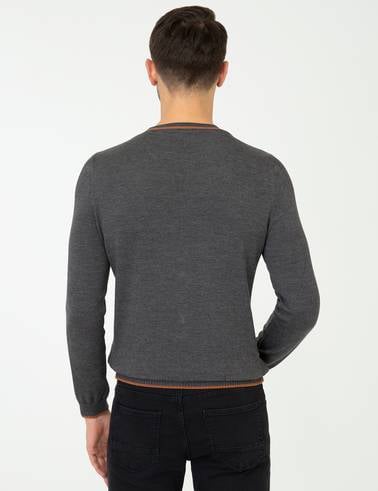 Gri Melanj Slim Fit Bisiklet Yaka Triko Kazak
