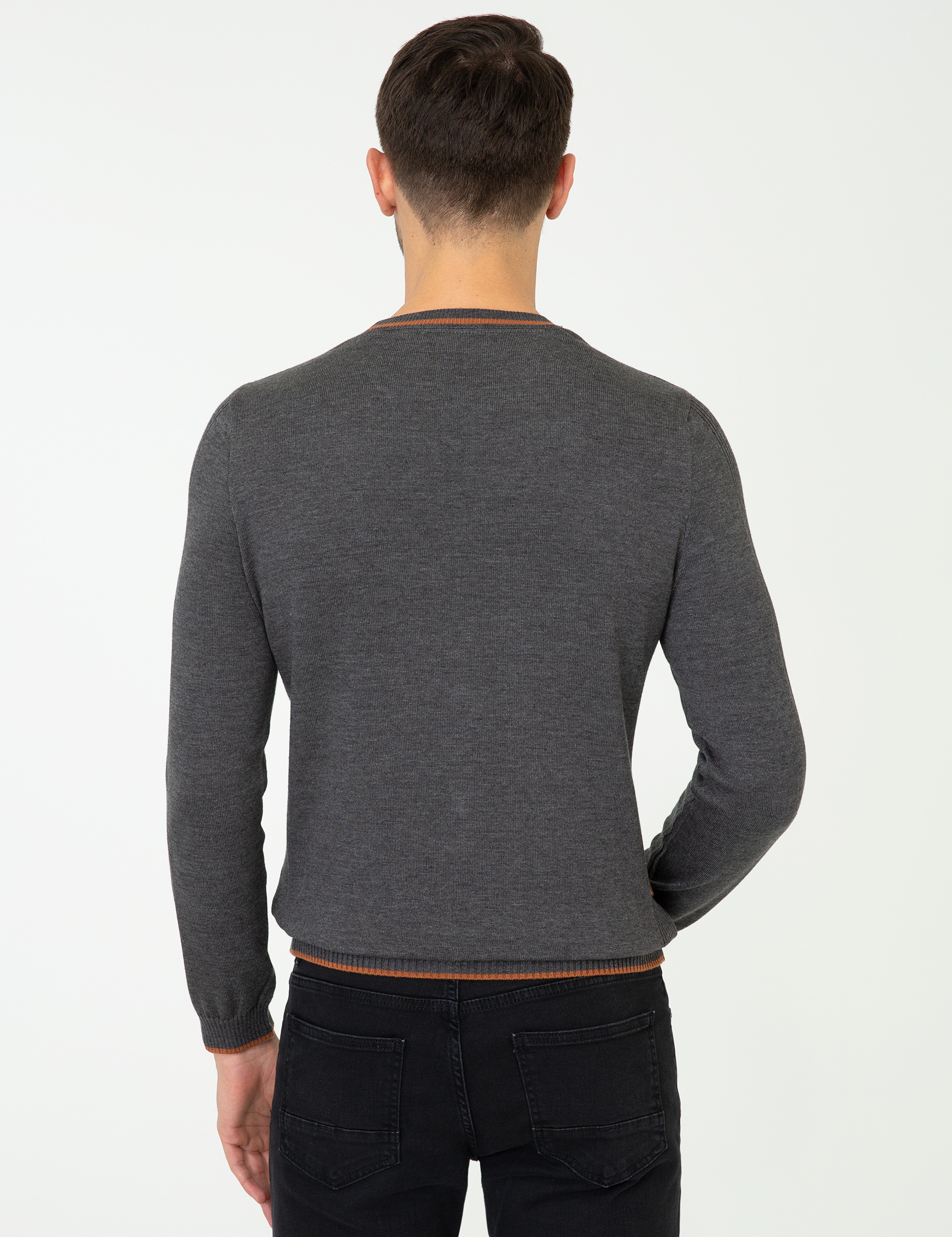 Gri Melanj Slim Fit Bisiklet Yaka Triko Kazak