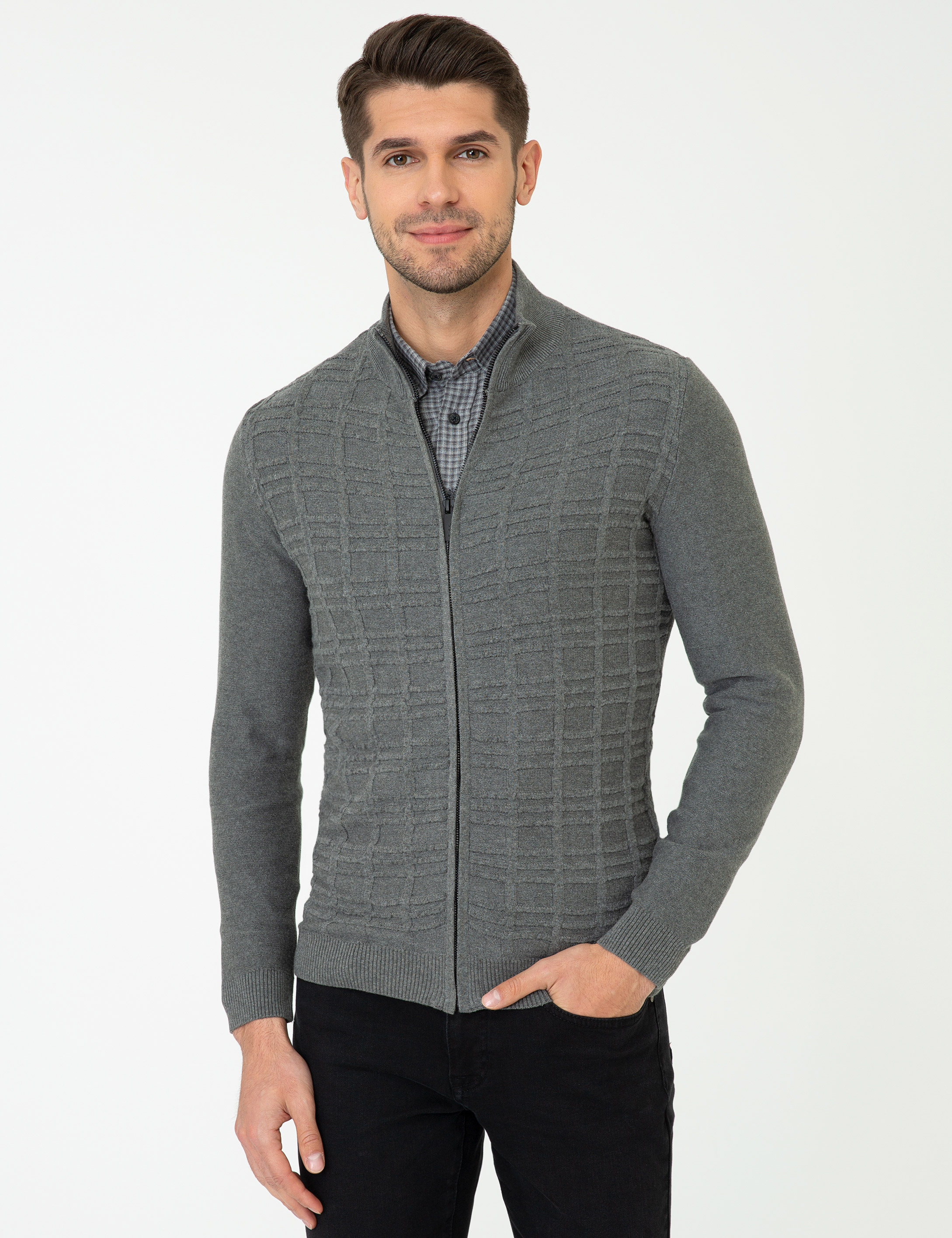 Gri Melanj Slim Fit Balıkçı Yaka Triko Hırka