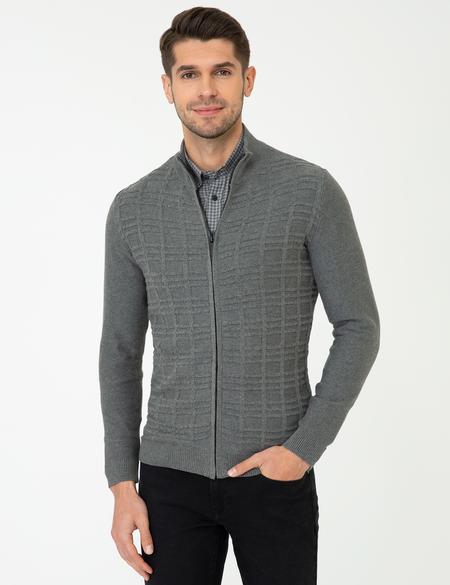 Gri Melanj Slim Fit Balıkçı Yaka Triko Hırka - 50248510031