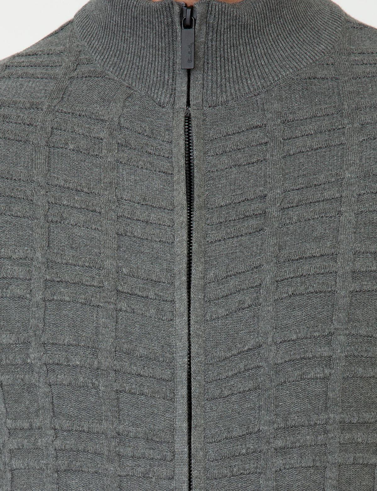 Gri Melanj Slim Fit Balıkçı Yaka Triko Hırka - 50248510031