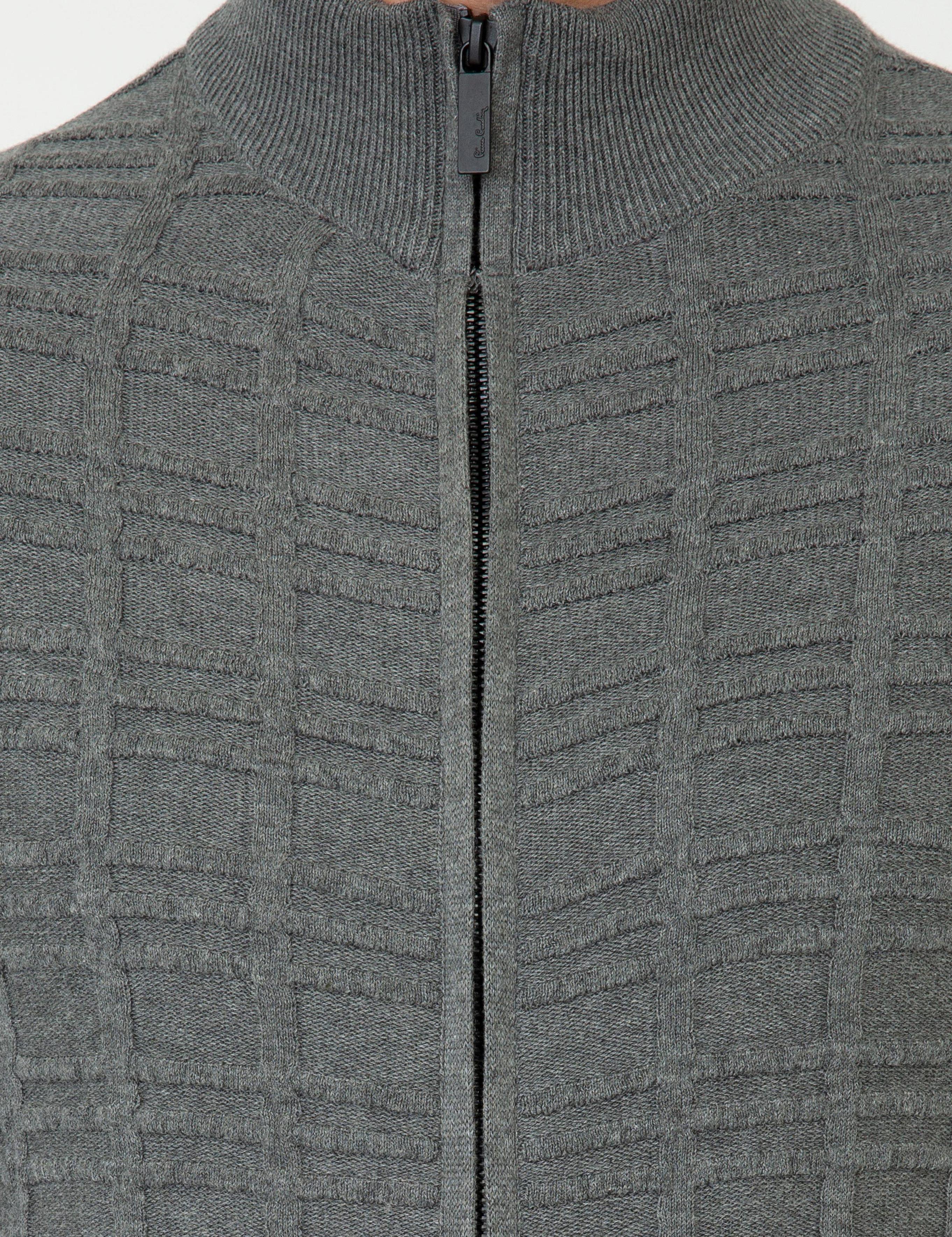 Gri Melanj Slim Fit Balıkçı Yaka Triko Hırka
