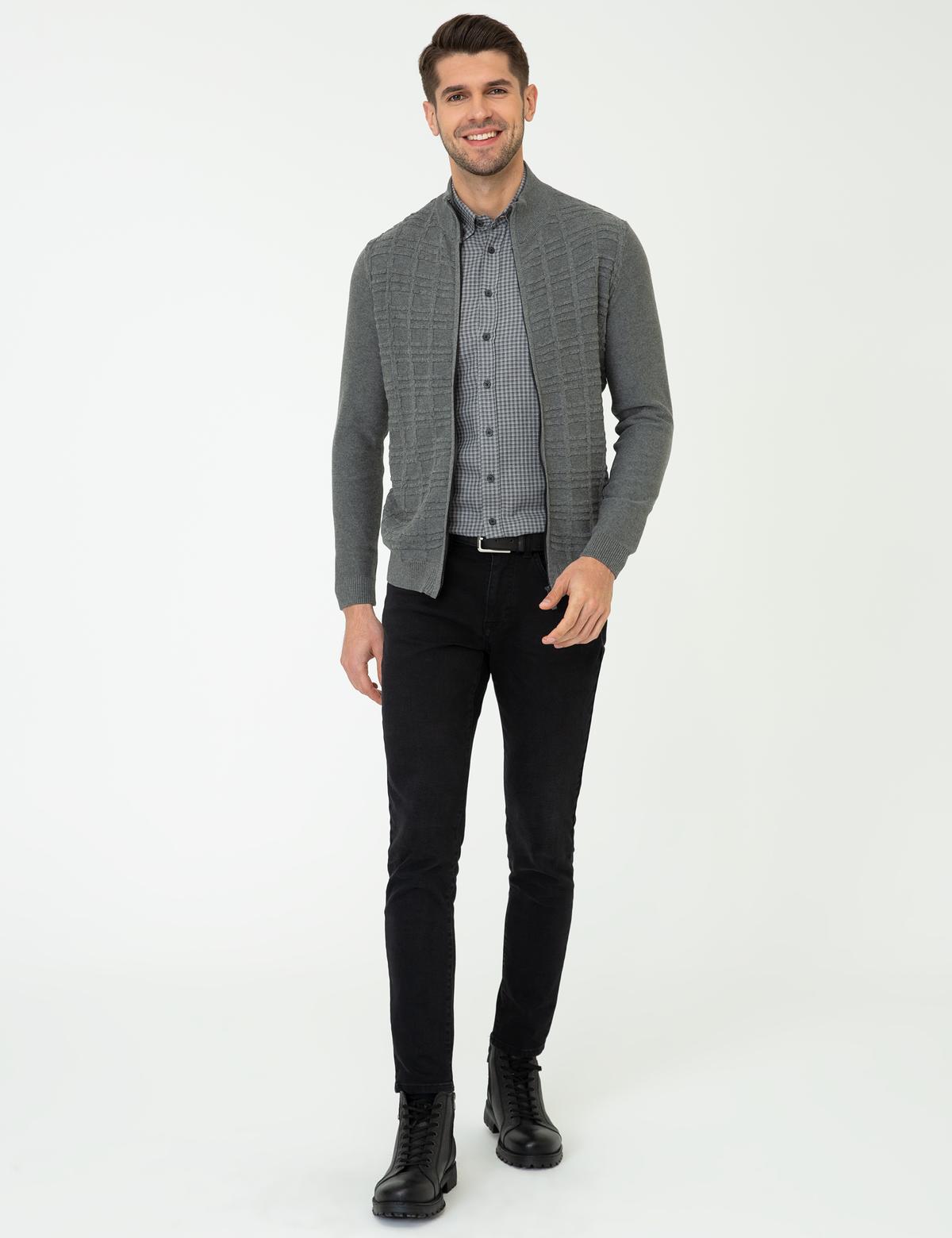 Gri Melanj Slim Fit Balıkçı Yaka Triko Hırka - 50248510031