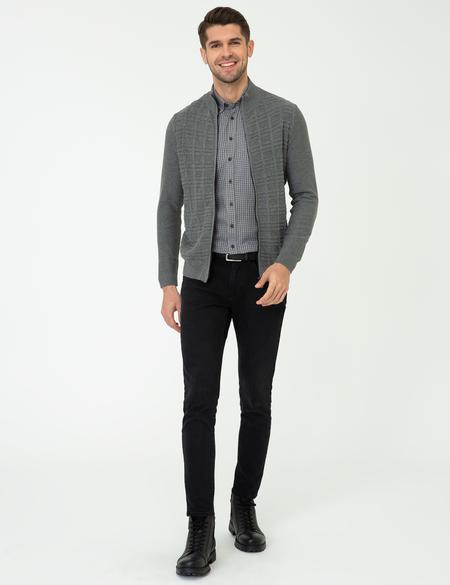 Gri Melanj Slim Fit Balıkçı Yaka Triko Hırka - 50248510031