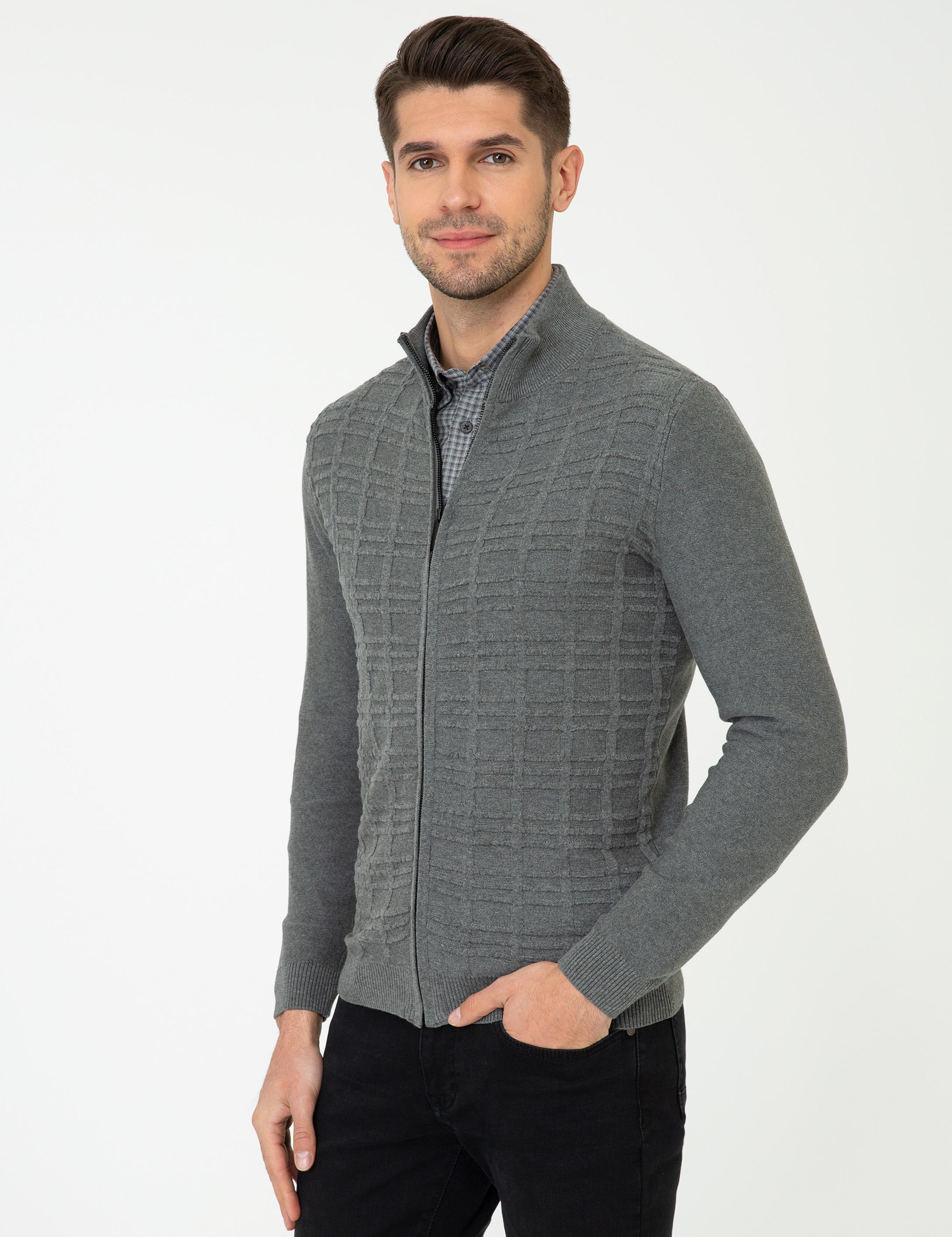 Gri Melanj Slim Fit Balıkçı Yaka Triko Hırka
