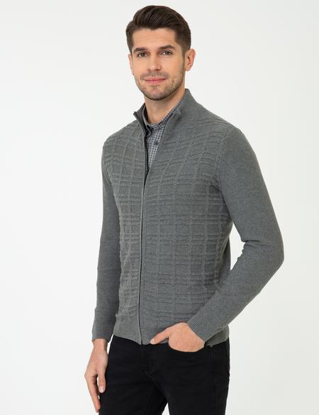 Gri Melanj Slim Fit Balıkçı Yaka Triko Hırka - 50248510031