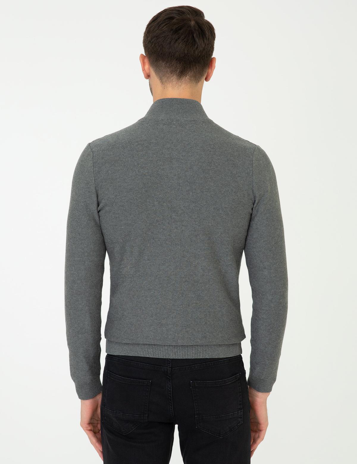 Gri Melanj Slim Fit Balıkçı Yaka Triko Hırka - 50248510031