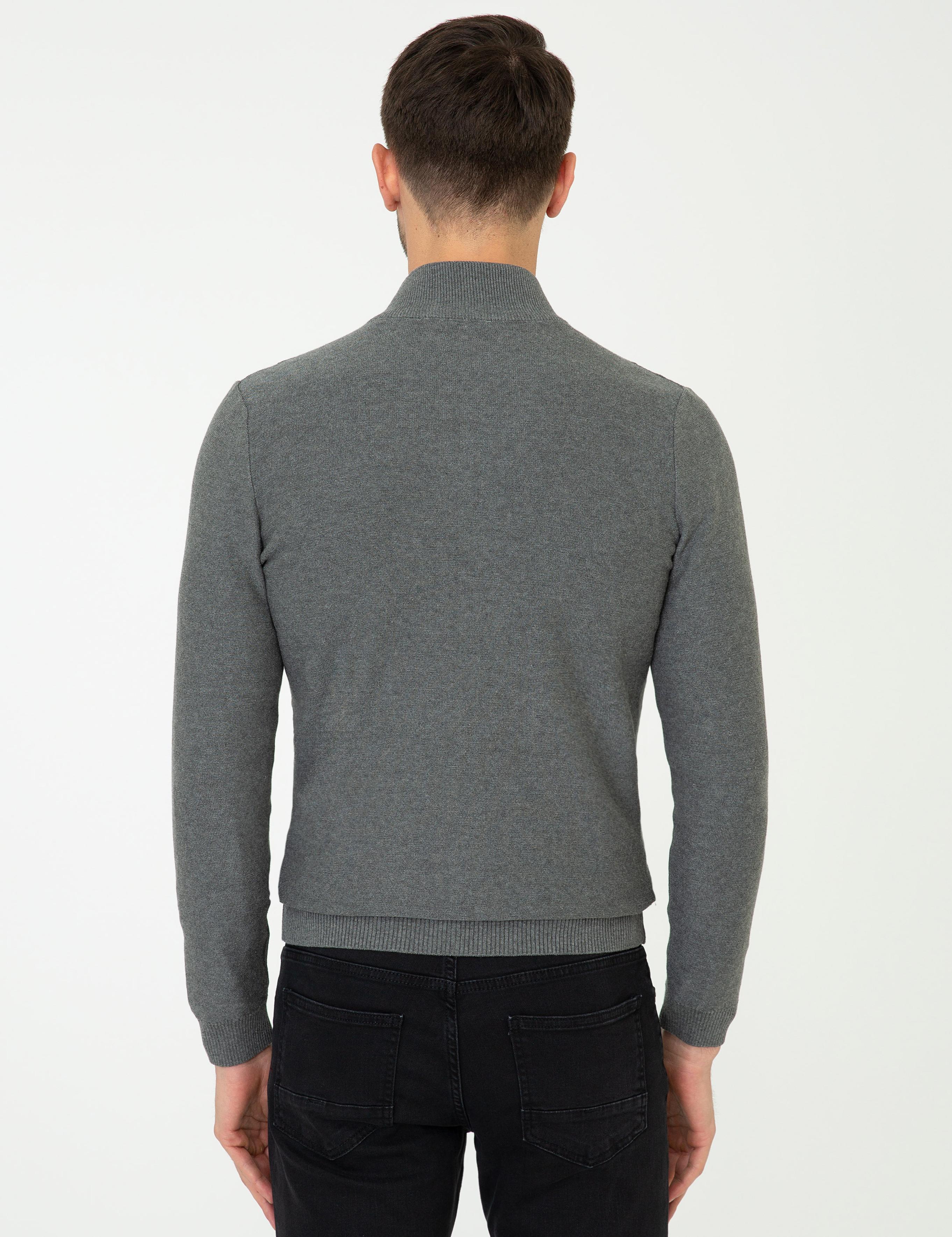 Gri Melanj Slim Fit Balıkçı Yaka Triko Hırka