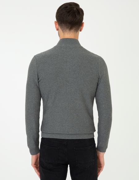 Gri Melanj Slim Fit Balıkçı Yaka Triko Hırka - 50248510031