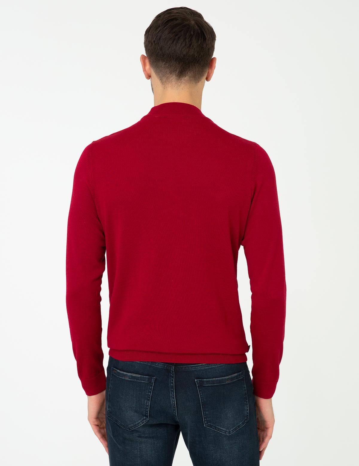 Açık Kırmızı Slim Fit Çeyrek Yaka Yün Karışımlı Basic Triko Kazak - 50243895028