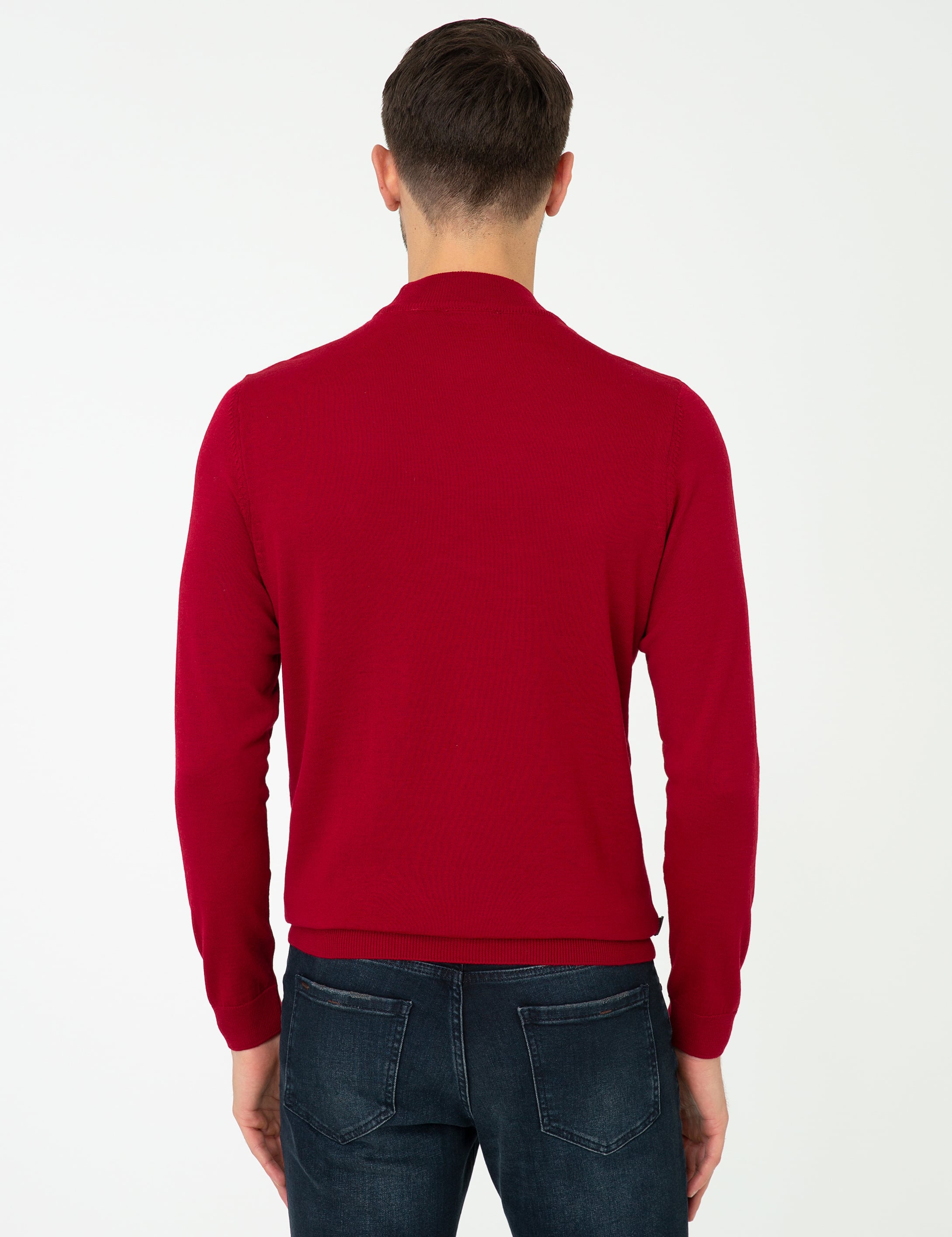 Açık Kırmızı Slim Fit Çeyrek Yaka Yün Karışımlı Basic Triko Kazak