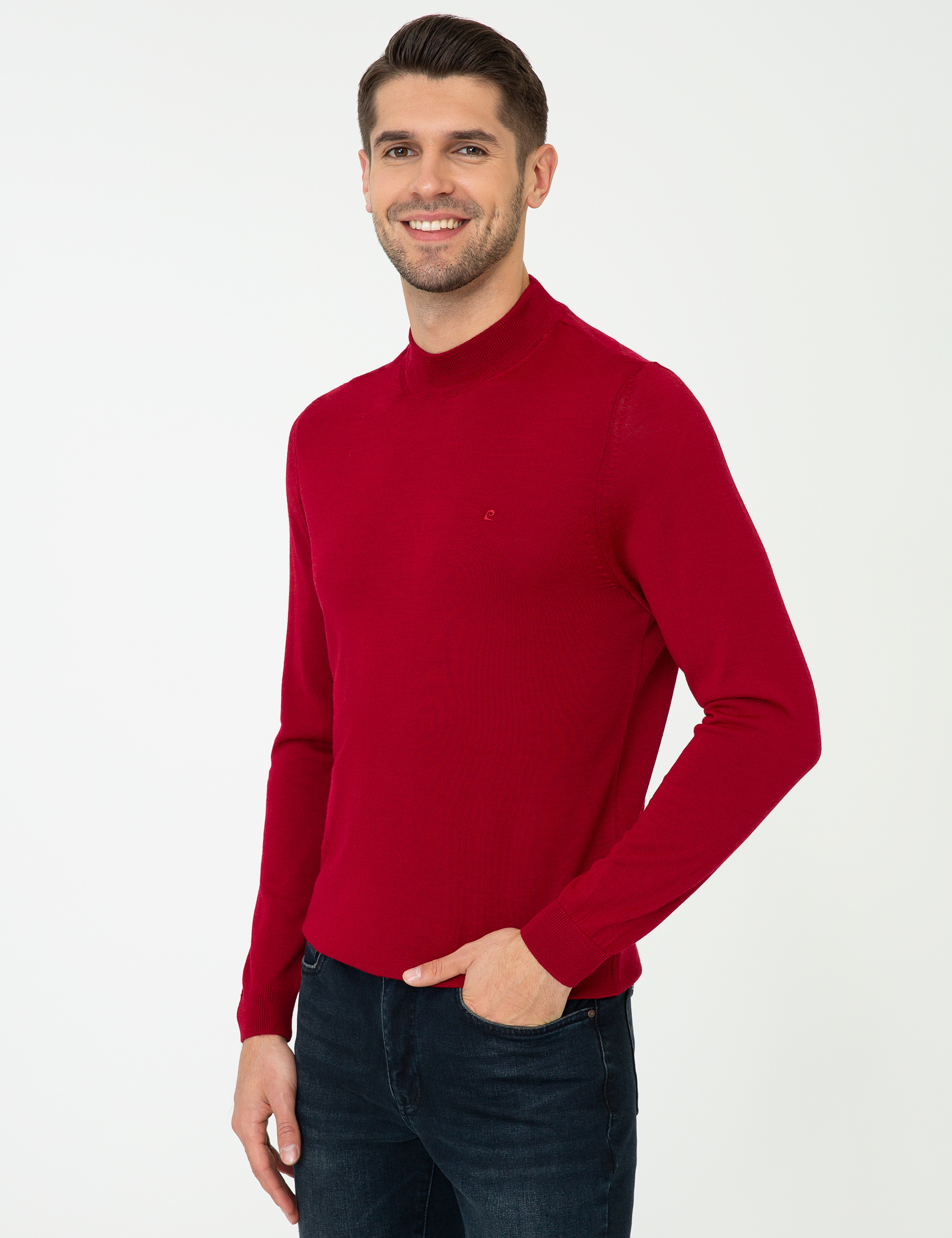 Açık Kırmızı Slim Fit Çeyrek Yaka Yün Karışımlı Basic Triko Kazak - Image 3