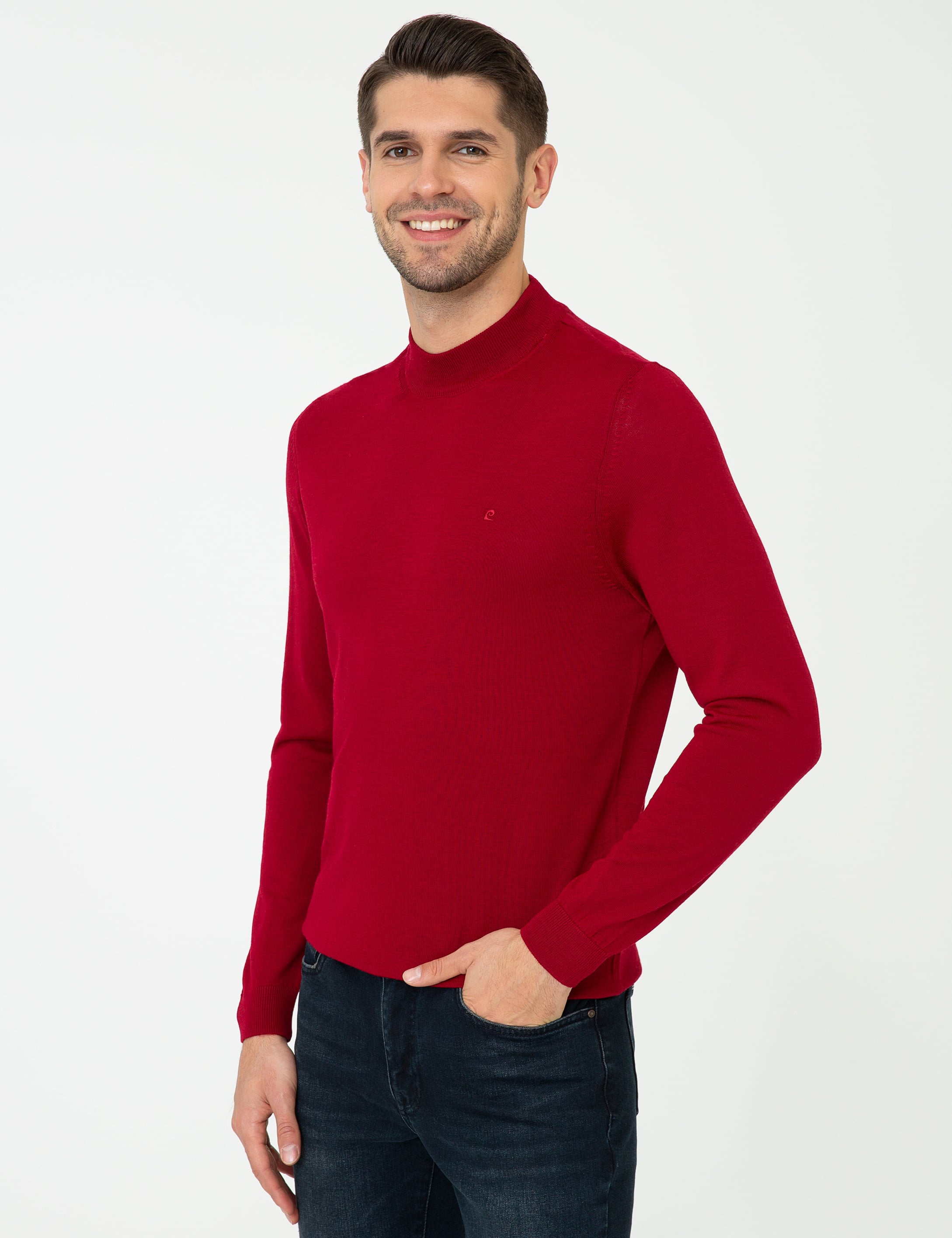 Açık Kırmızı Slim Fit Çeyrek Yaka Yün Karışımlı Basic Triko Kazak