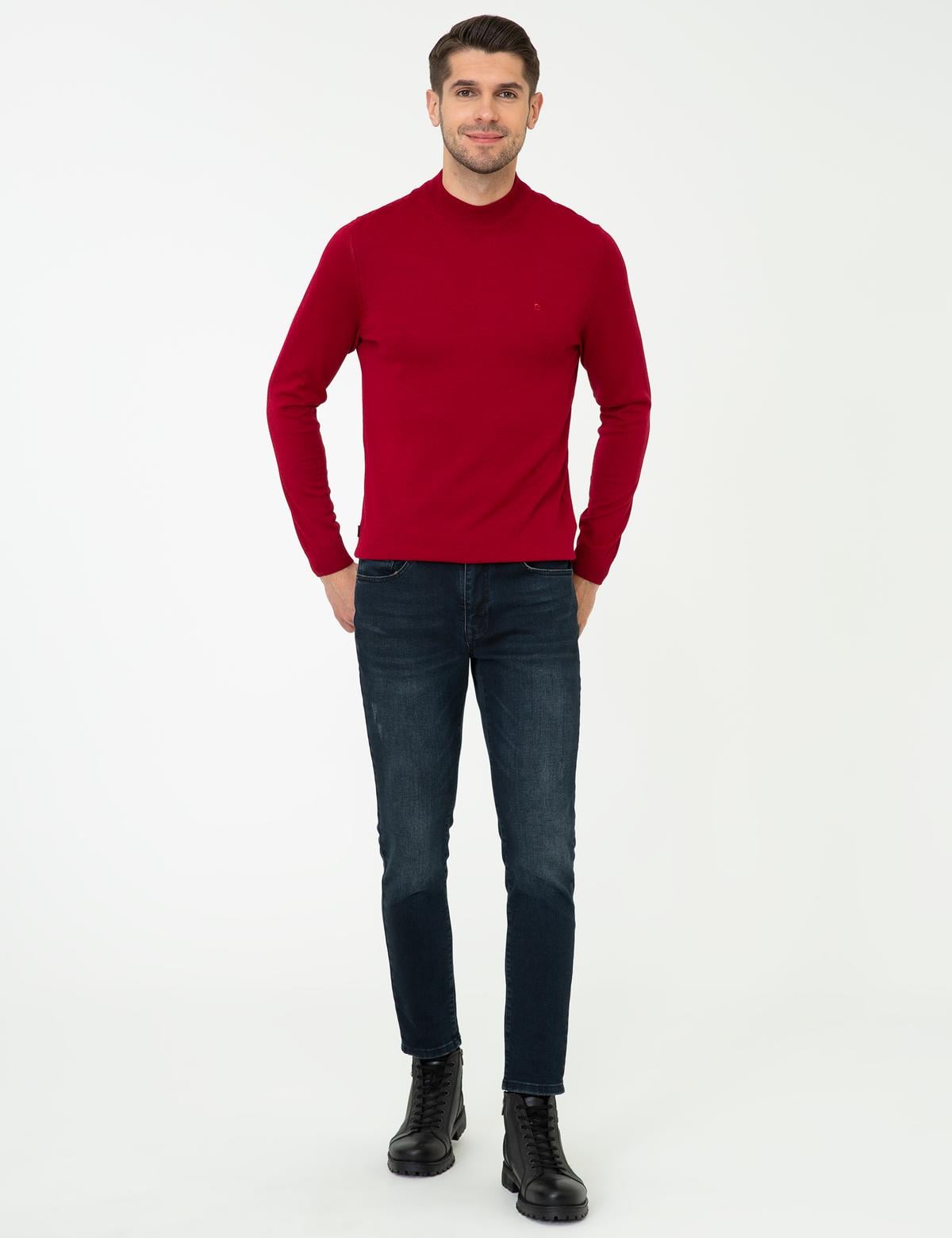 Açık Kırmızı Slim Fit Çeyrek Yaka Yün Karışımlı Basic Triko Kazak - 50243895028