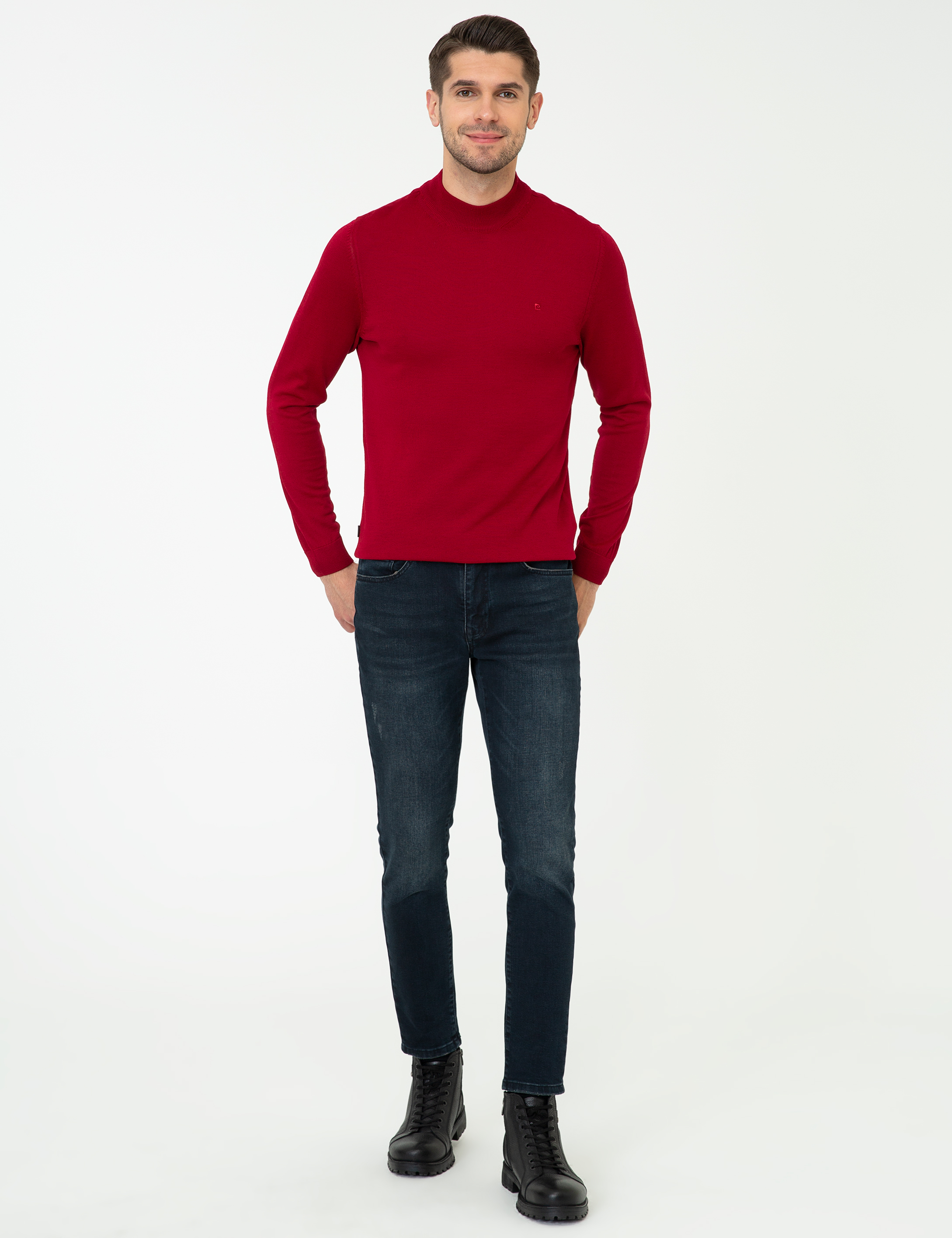 Açık Kırmızı Slim Fit Çeyrek Yaka Yün Karışımlı Basic Triko Kazak - Image 5