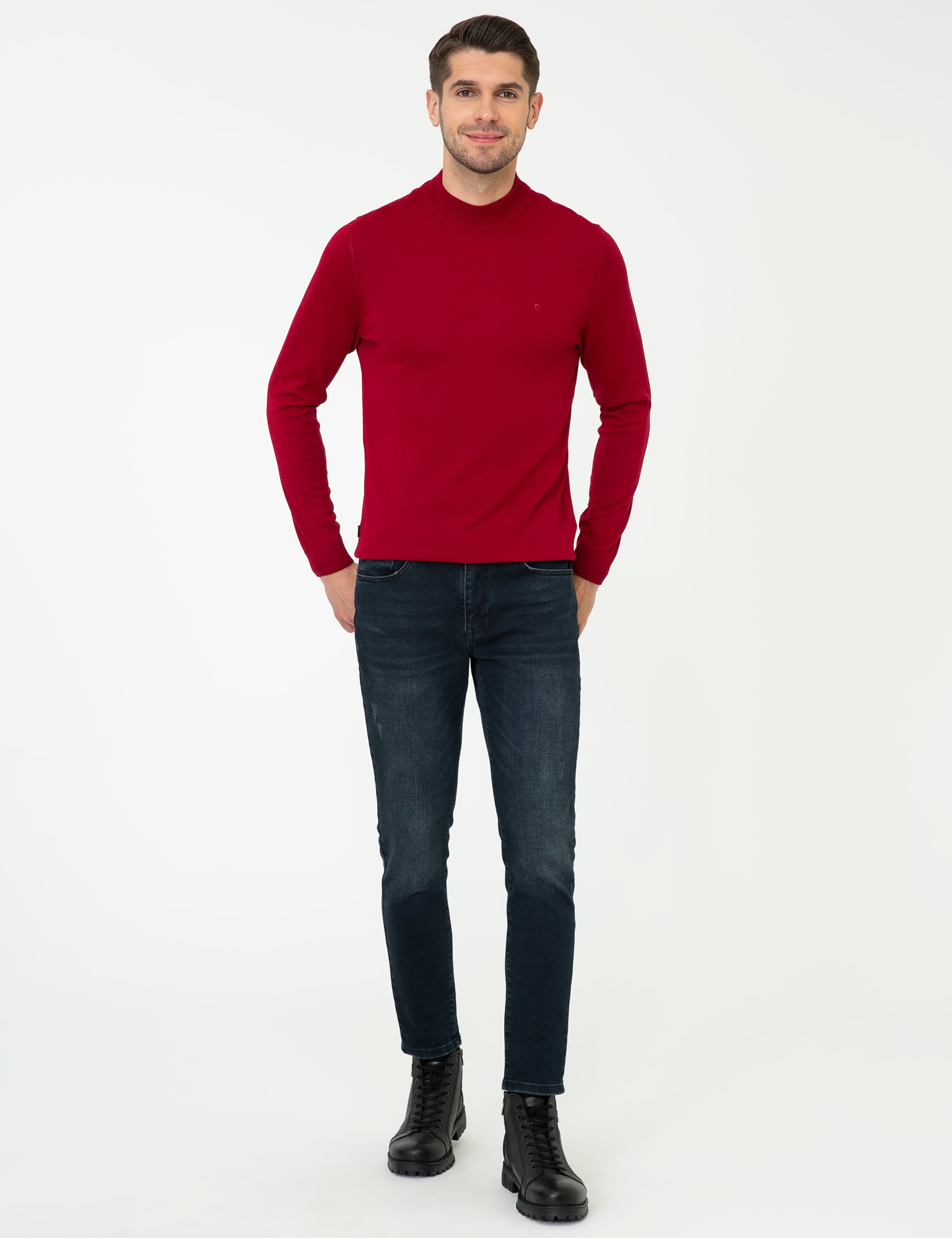 Açık Kırmızı Slim Fit Çeyrek Yaka Yün Karışımlı Basic Triko Kazak