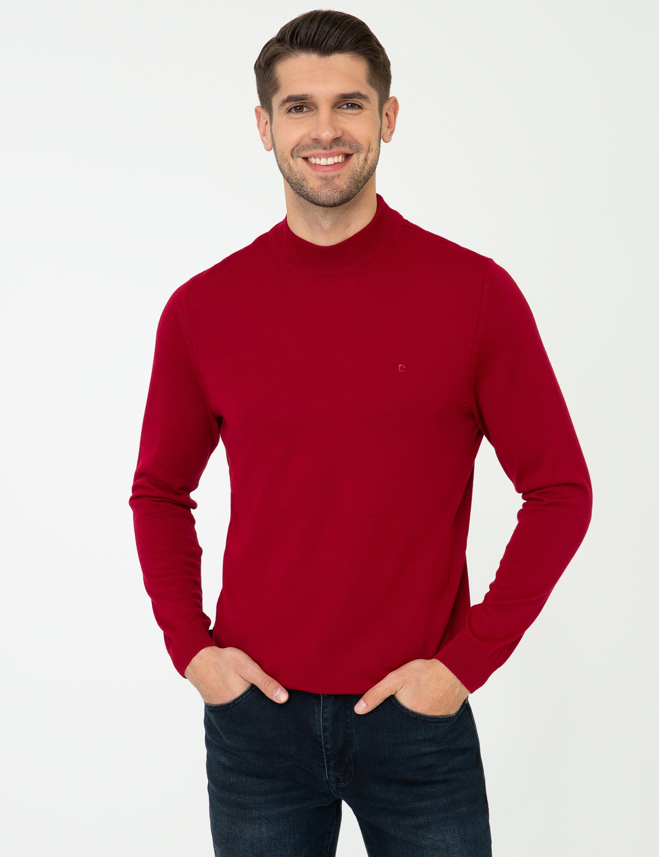 Açık Kırmızı Slim Fit Çeyrek Yaka Yün Karışımlı Basic Triko Kazak