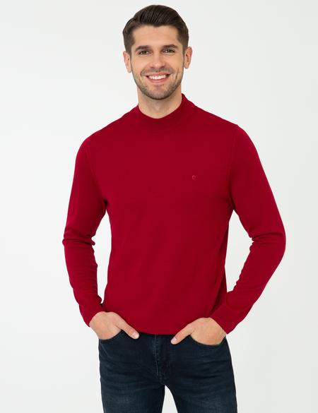 Açık Kırmızı Slim Fit Çeyrek Yaka Yün Karışımlı Basic Triko Kazak - 50243895028