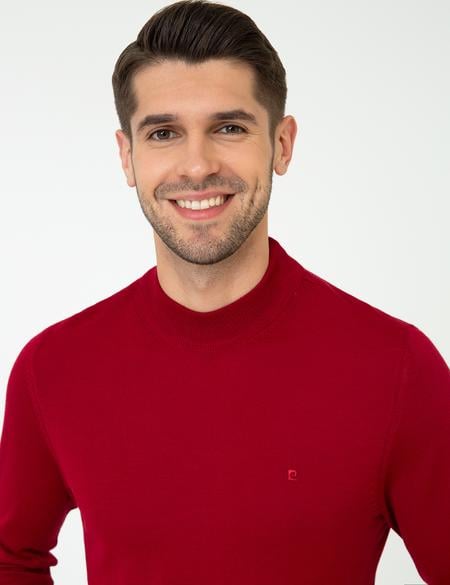Açık Kırmızı Slim Fit Çeyrek Yaka Yün Karışımlı Basic Triko Kazak - 50243895028
