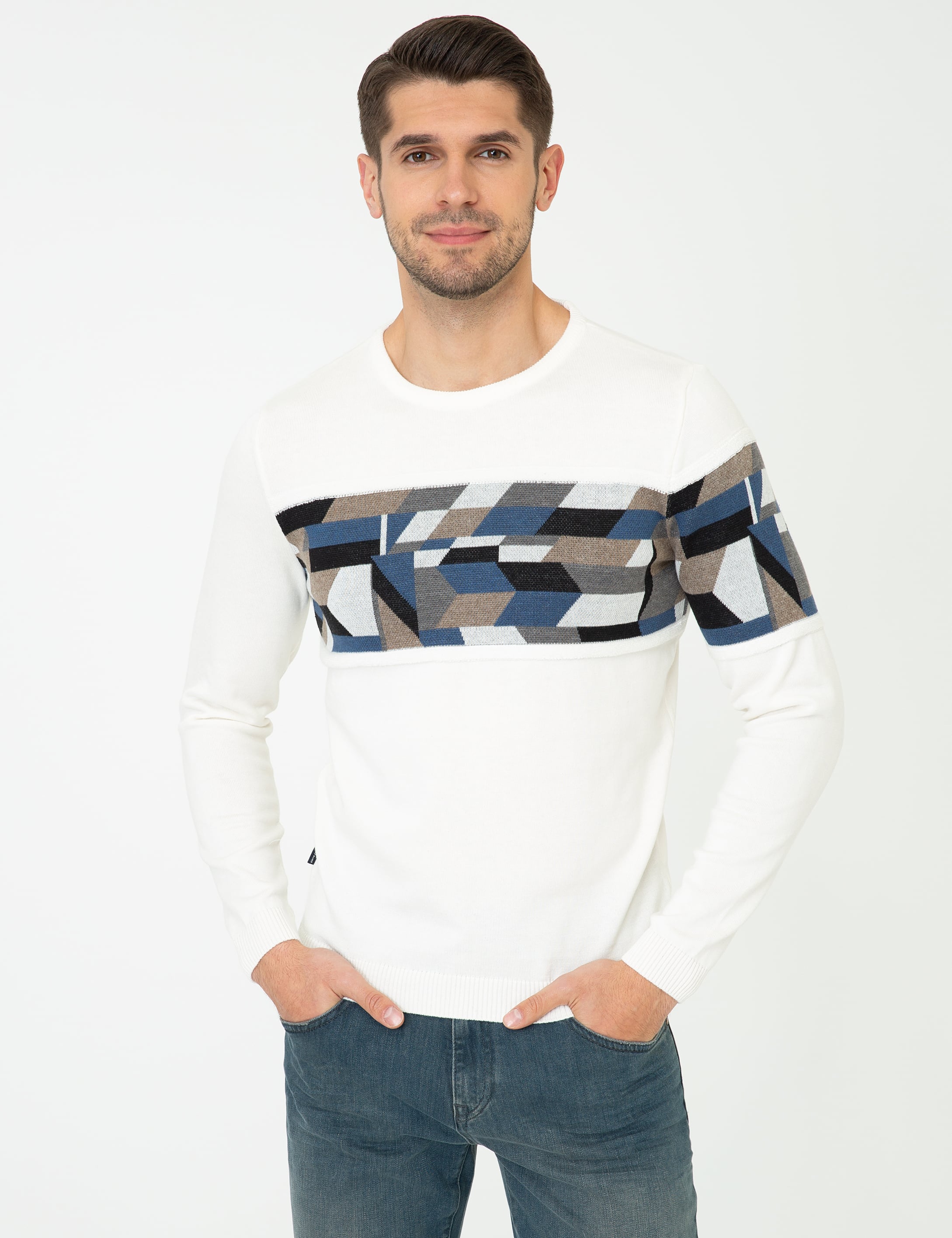 Ekru Slim Fit Bisiklet Yaka Triko Kazak
