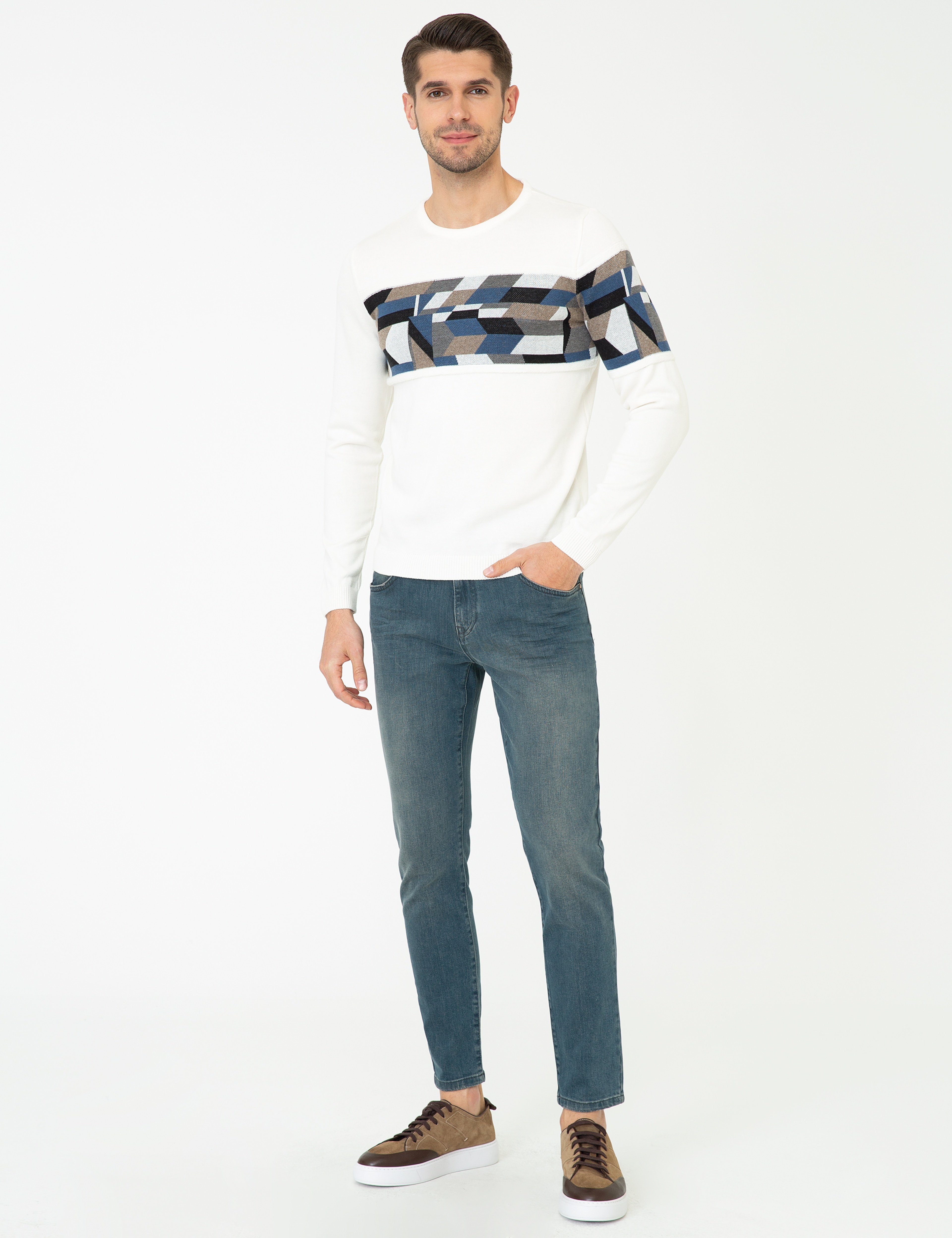 Ekru Slim Fit Bisiklet Yaka Triko Kazak - Image 5