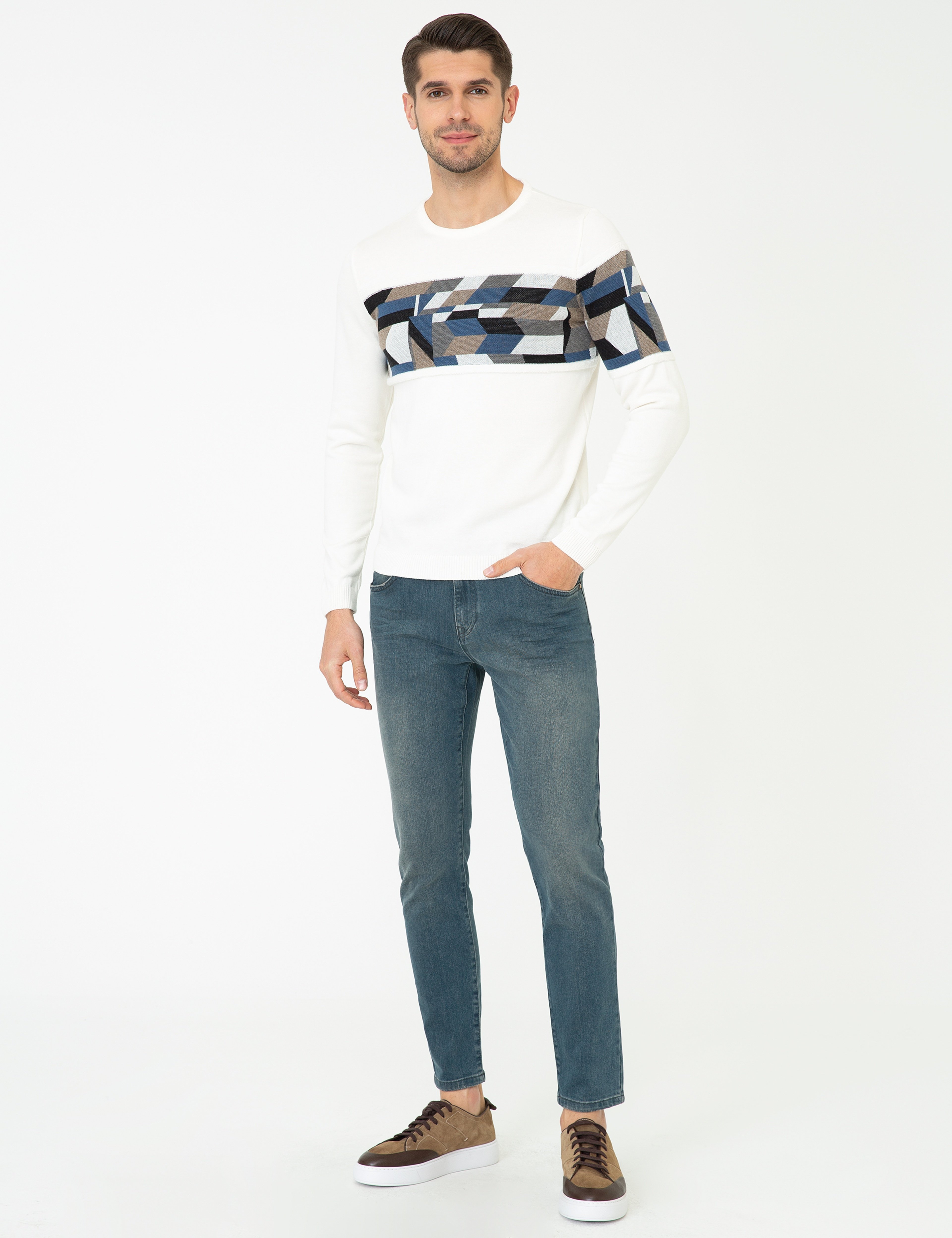 Ekru Slim Fit Bisiklet Yaka Triko Kazak