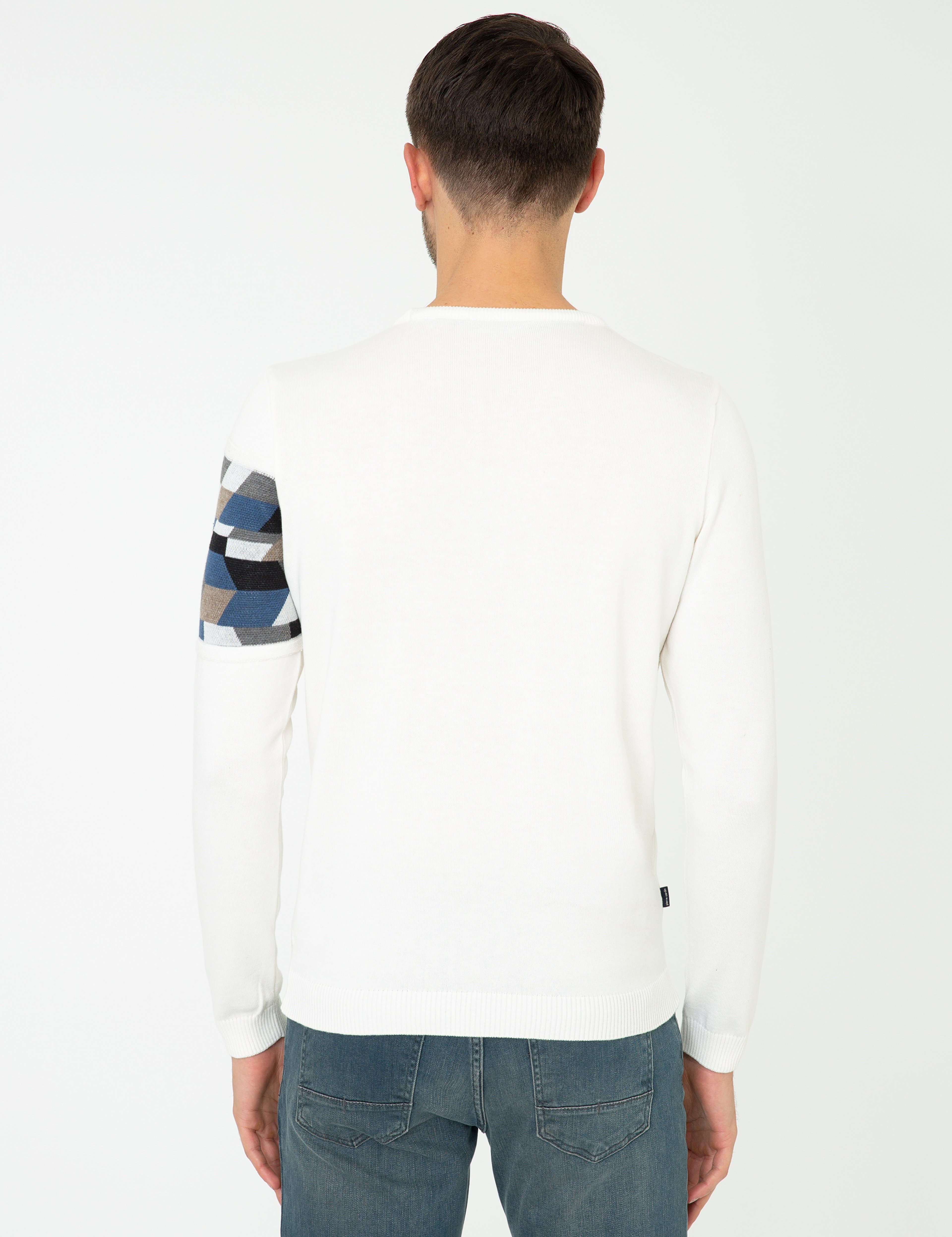 Ekru Slim Fit Bisiklet Yaka Triko Kazak - Image 4