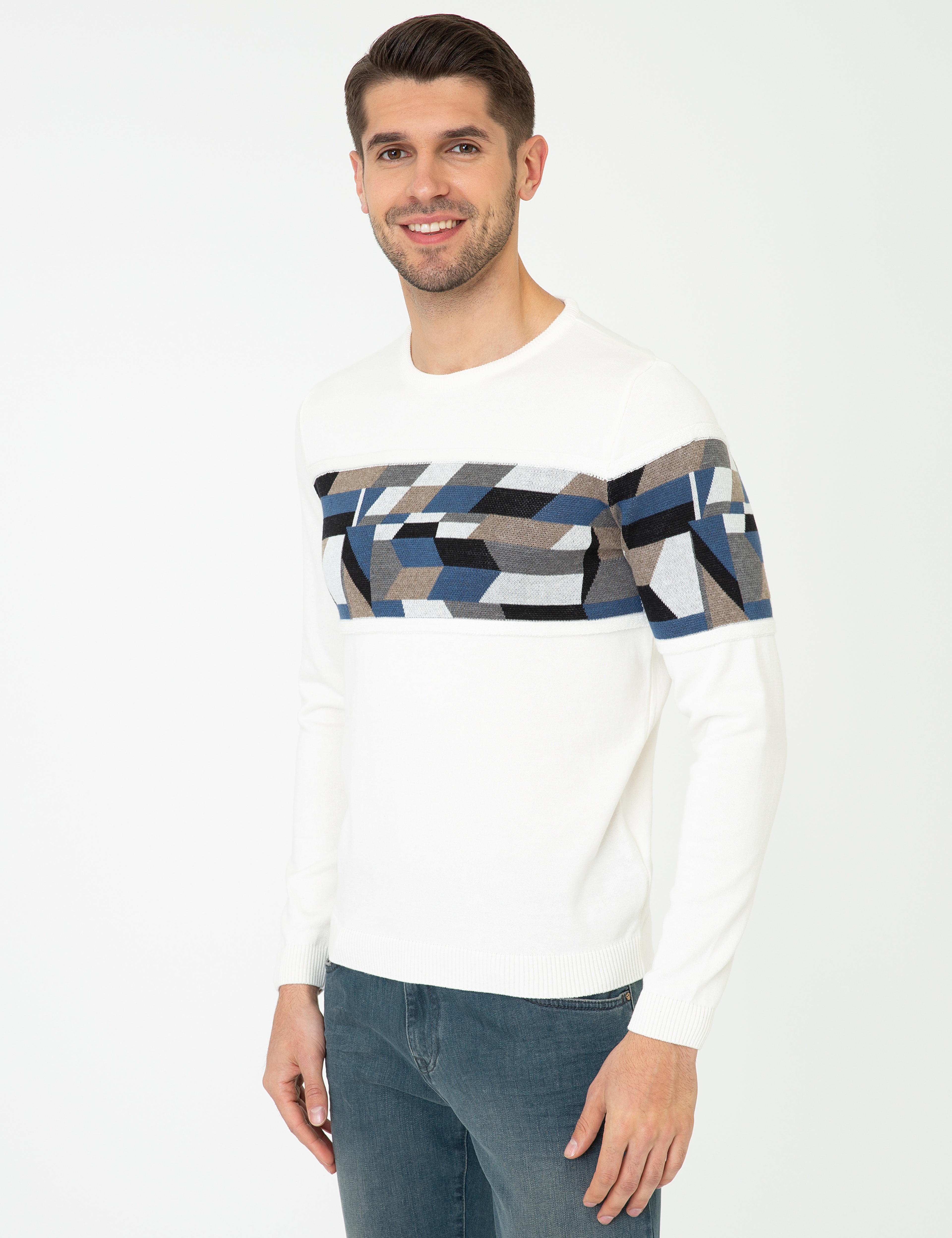 Ekru Slim Fit Bisiklet Yaka Triko Kazak - Image 3