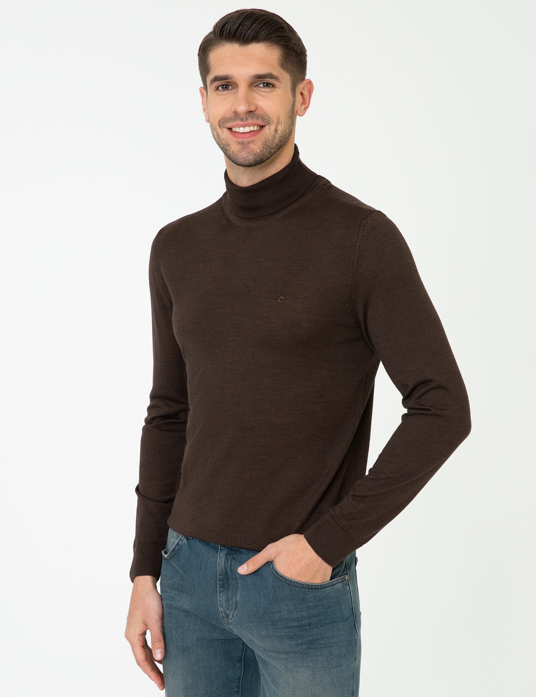 Kahverengi Regular Fit Balıkçı Yaka Yün Karışımlı Basic Triko Kazak