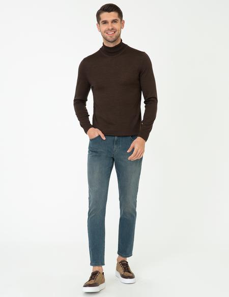 Kahverengi Regular Fit Balıkçı Yaka Yün Karışımlı Basic Triko Kazak - 50237702126