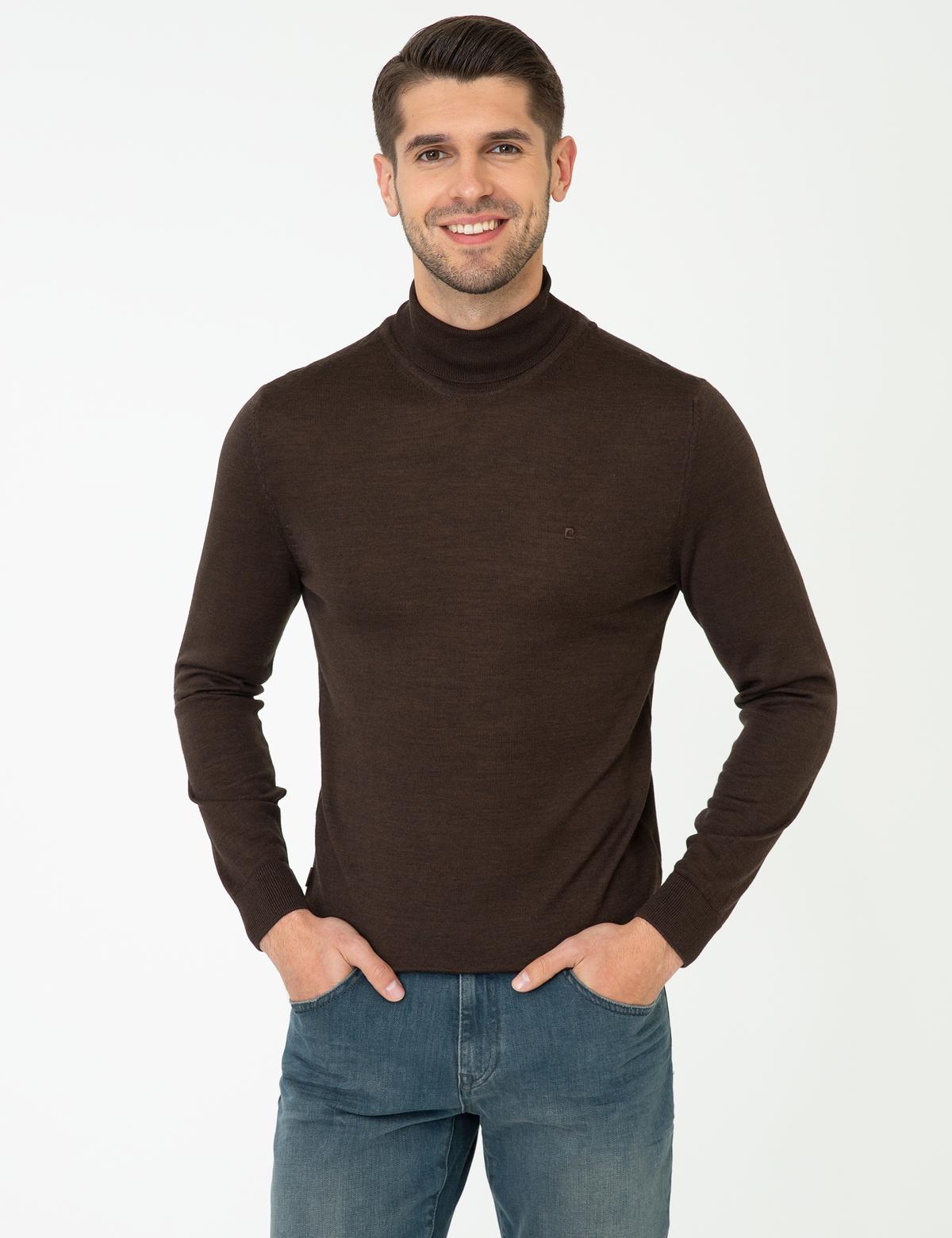 Kahverengi Regular Fit Balıkçı Yaka Yün Karışımlı Basic Triko Kazak