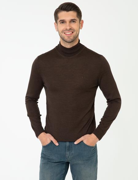Kahverengi Regular Fit Balıkçı Yaka Yün Karışımlı Basic Triko Kazak - 50237702126