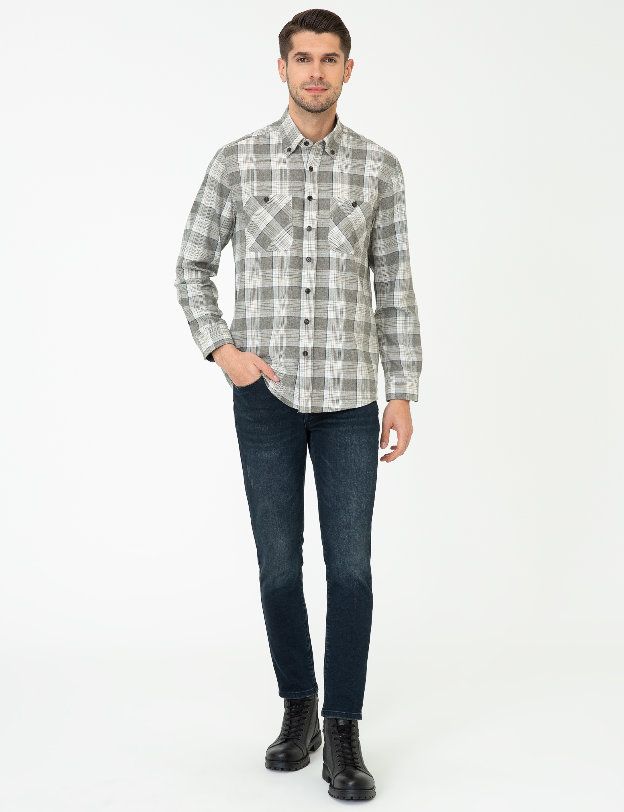 Gri Regular Fit Uzun Kollu Gömlek - Image 4