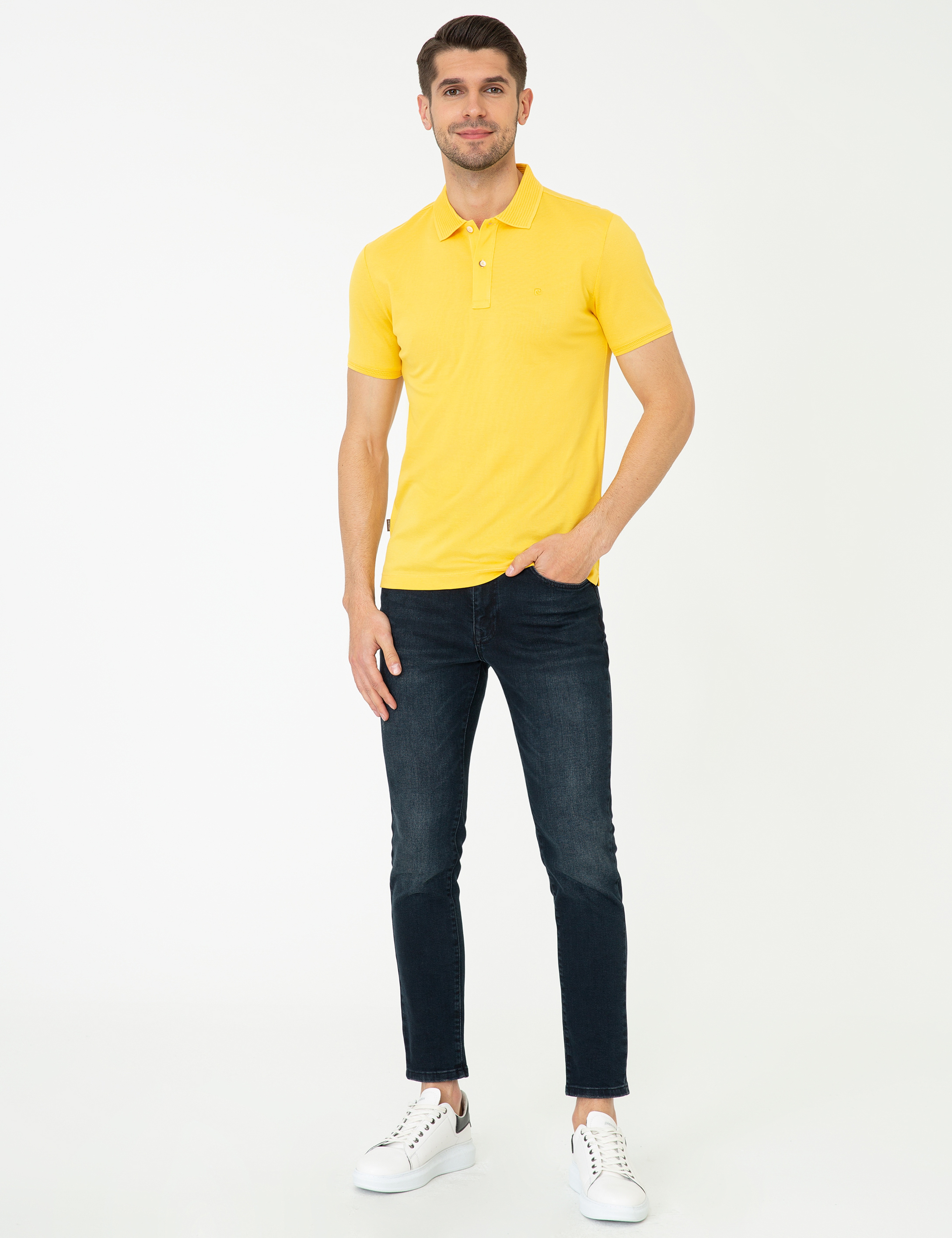 Sarı Slim Fit Polo Yaka Merserize Tişört - Image 4