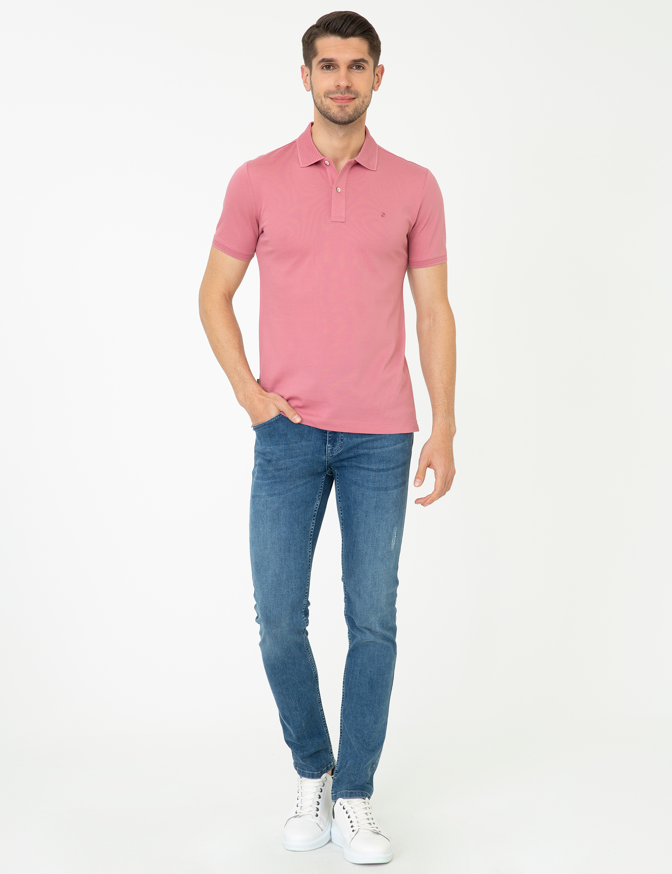 Pembe Slim Fit Polo Yaka Merserize Tişört - Image 4